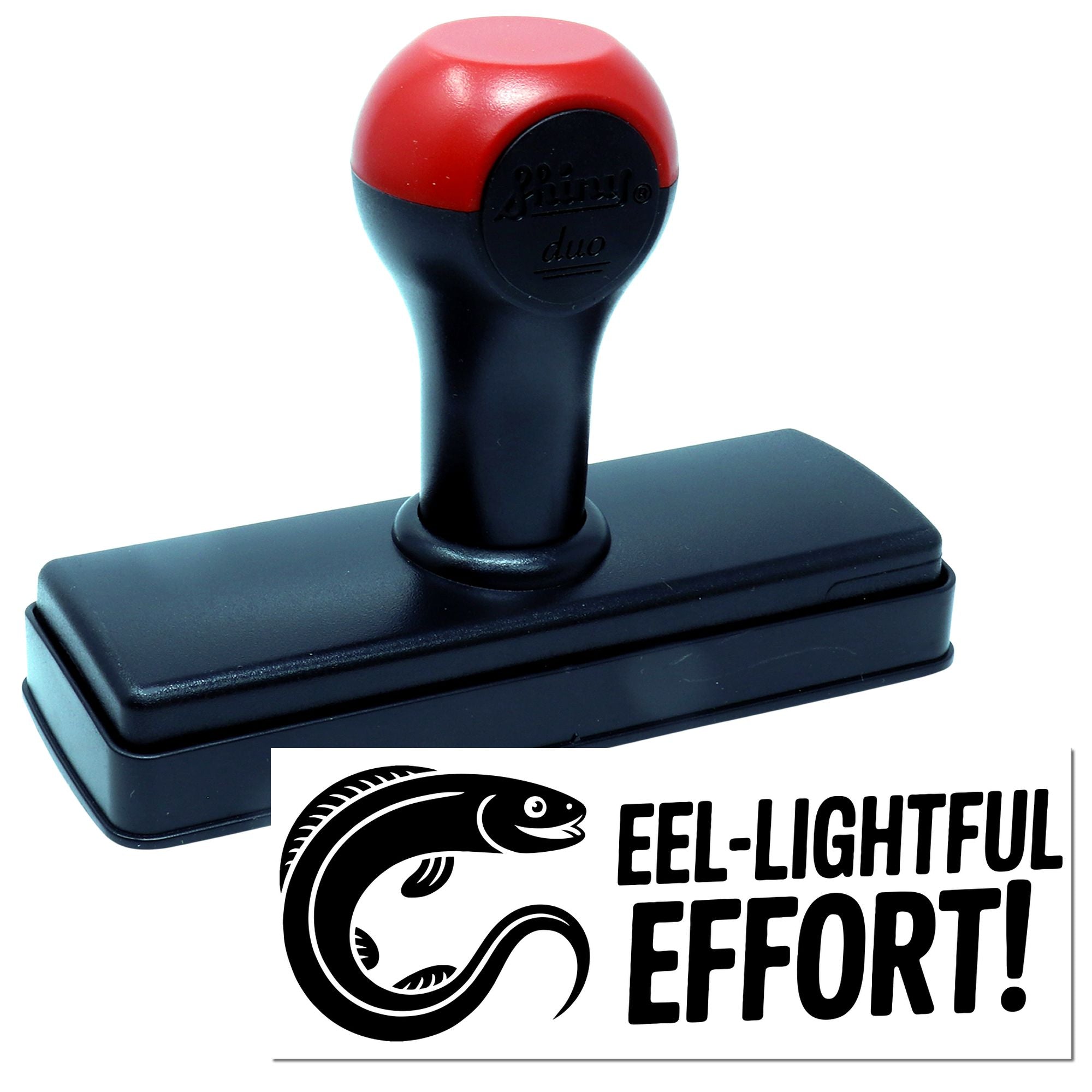 Black and red self-inking stamp and seal with fish logo and EEL-LIGHTFUL EFFORT! impression.