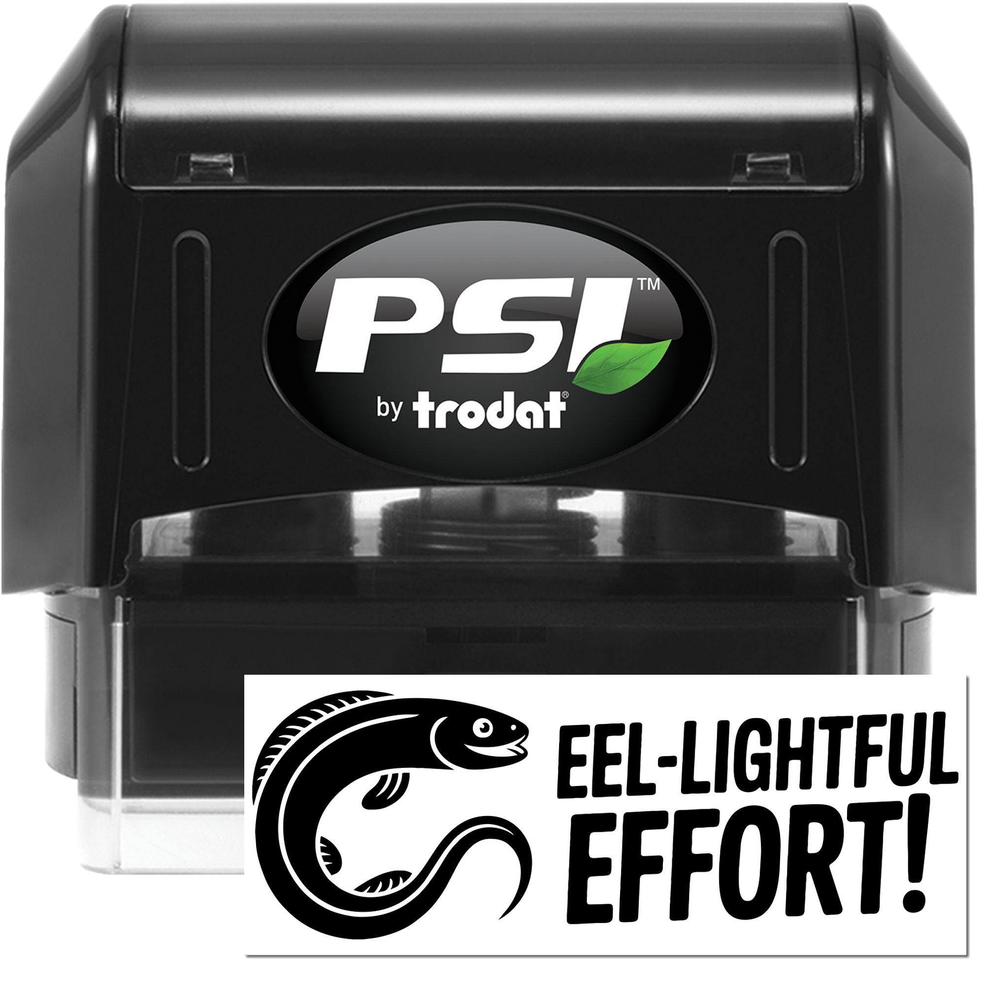 Black PSI by Trodat self-inking stamp and seal set with clear base and white card featuring a black eel logo and bold text.