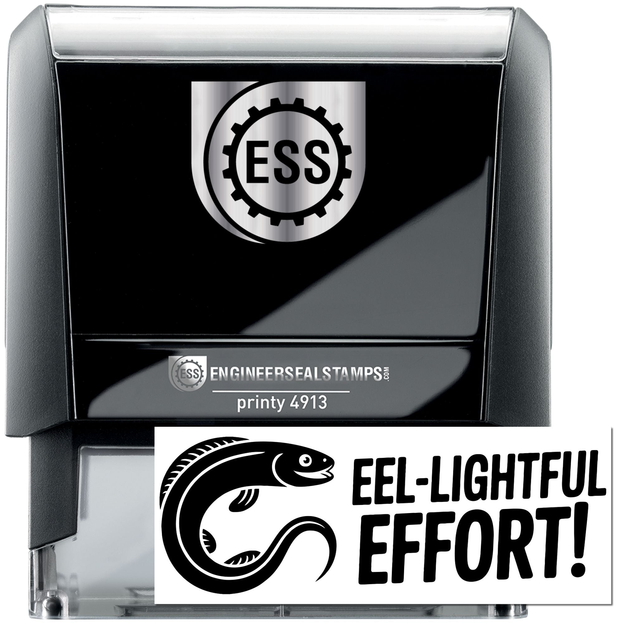 Black self-inking stamp and seal with silver ESS logo, featuring Eel-Lightful Effort design and gray casing.