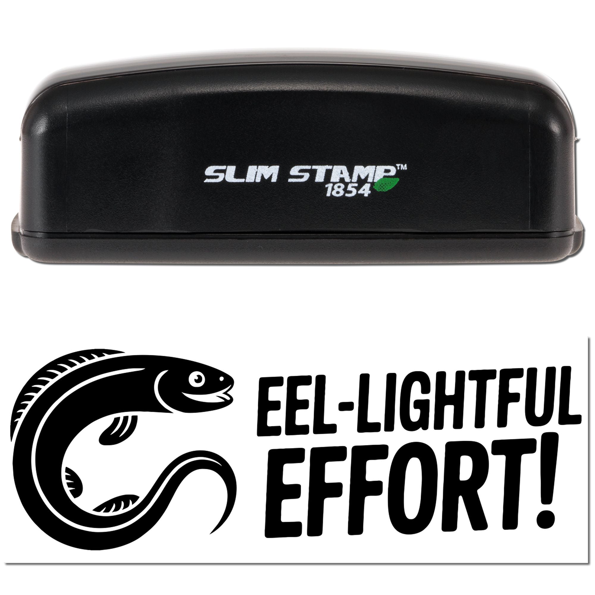 Black Slim Stamp 1854 self-inking stamp and eel-themed seal with bold black design on white background.