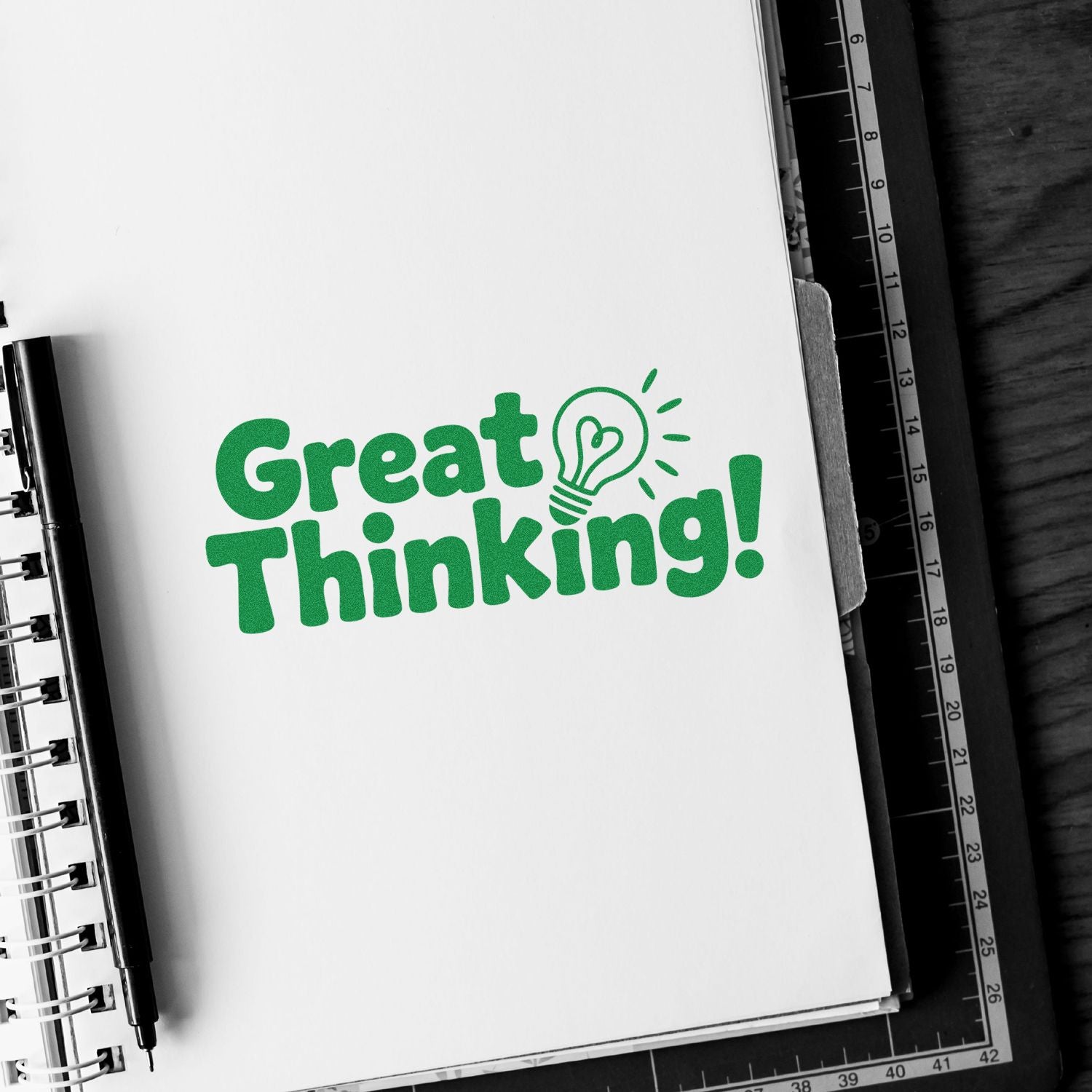 Green Great Thinking! stamp with light bulb on white notebook page, beside black pen and spiral binding.