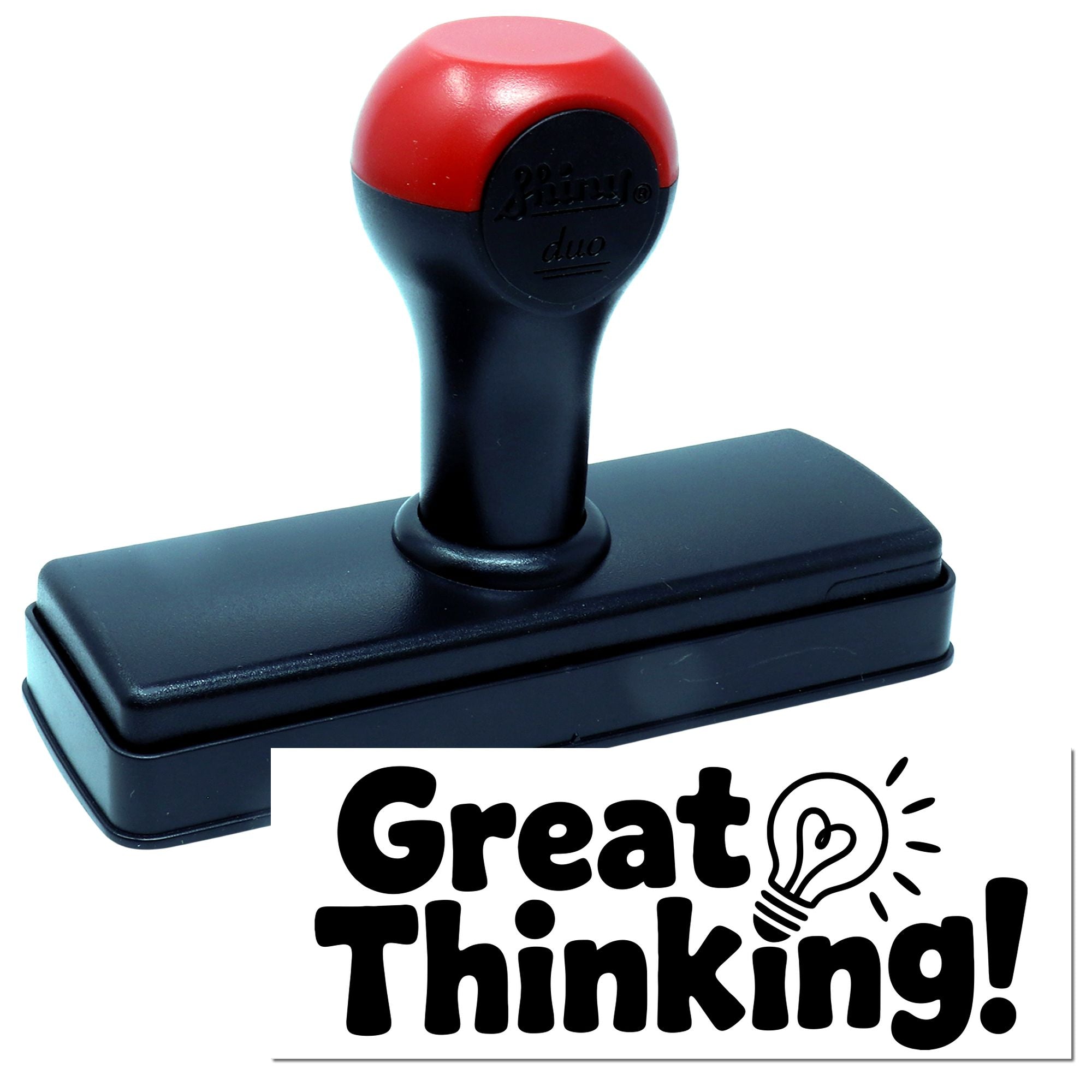 Black and red self-inking stamp with rectangular seal base and Great Thinking! imprint on white background.