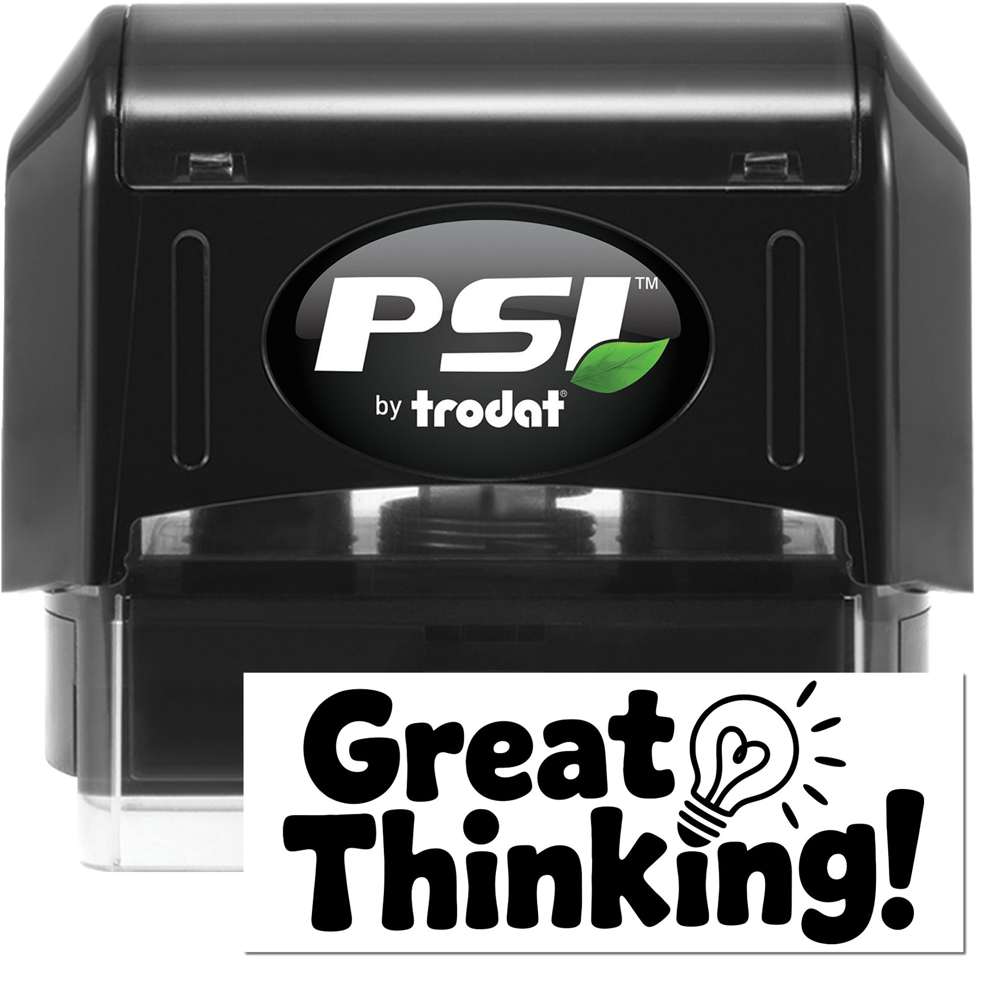 Black PSI by Trodat self-inking stamp and seal, black casing with clear cover, showing a bold Great Thinking! imprint.