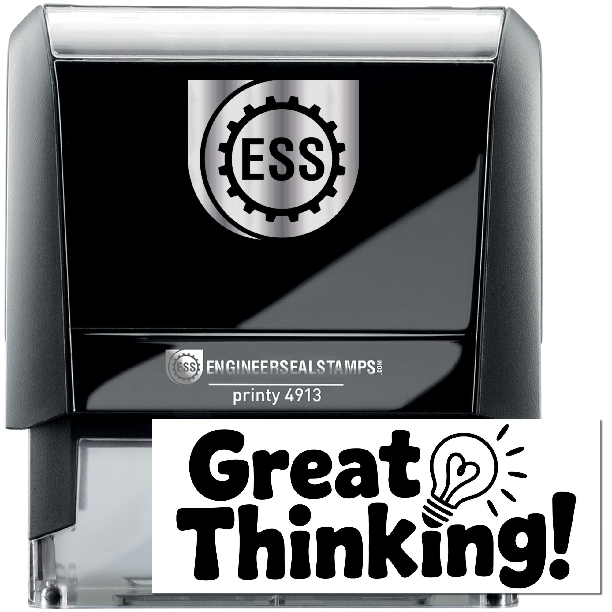 Black and silver ESS engineering seal stamp, Printy 4913, with round gear logo and Great Thinking! imprint.
