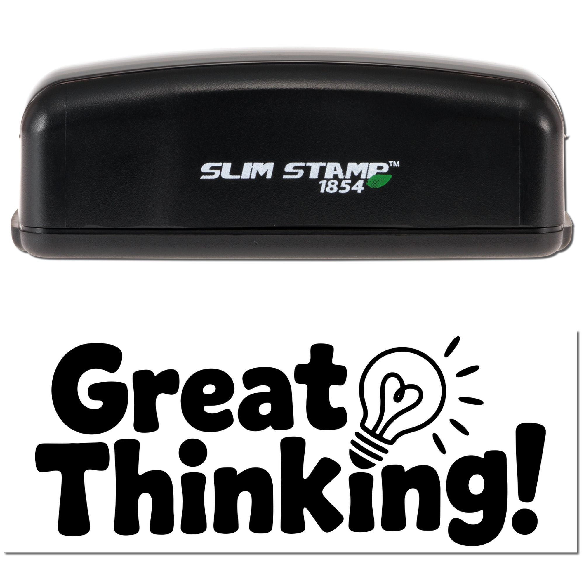 Black Slim Stamp 1854 self-inking stamp and bold Great Thinking! seal with lightbulb graphic on a white background.