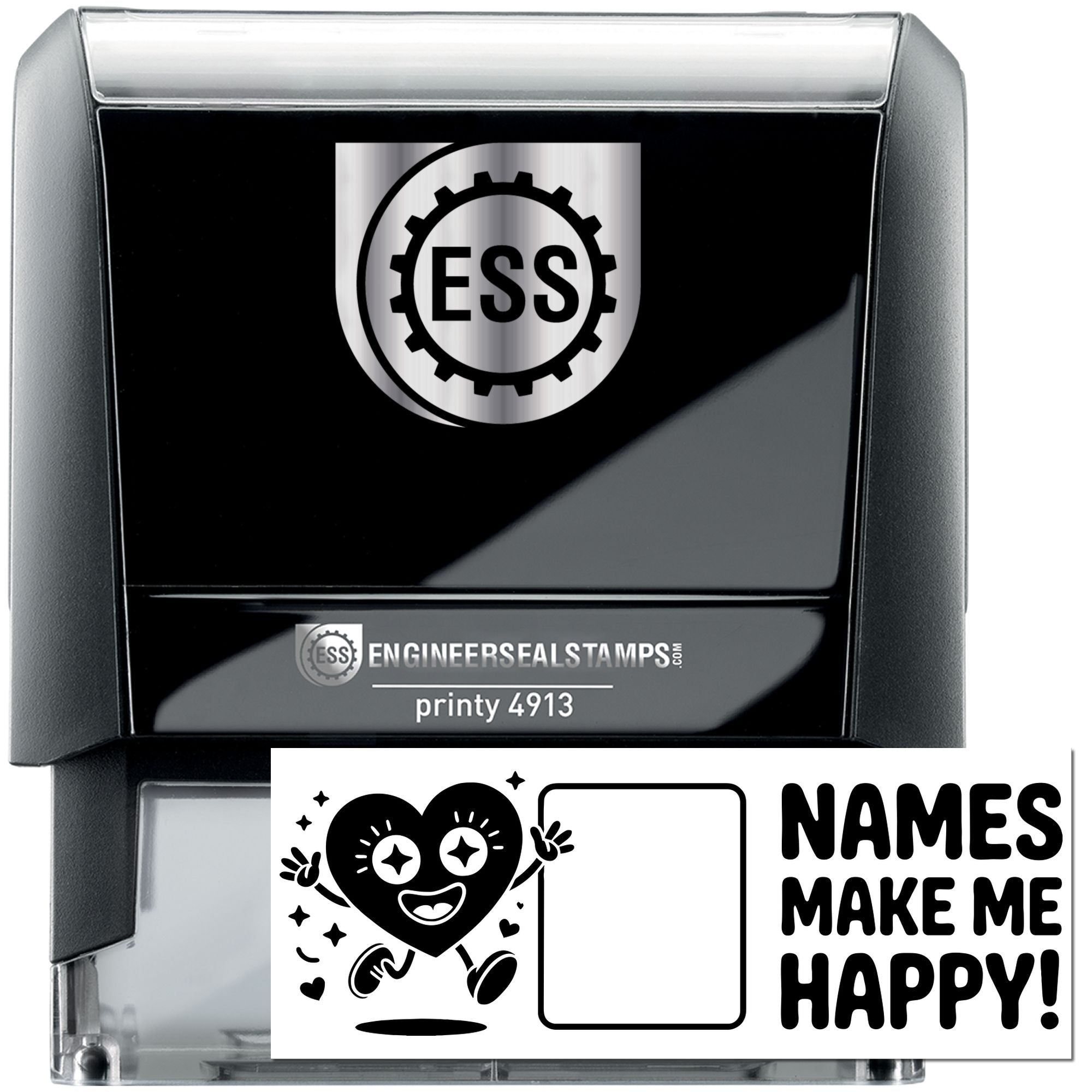 Black and silver self-inking stamp and seal with ESS logo, plus white custom name stamp reading Names make me happy!
