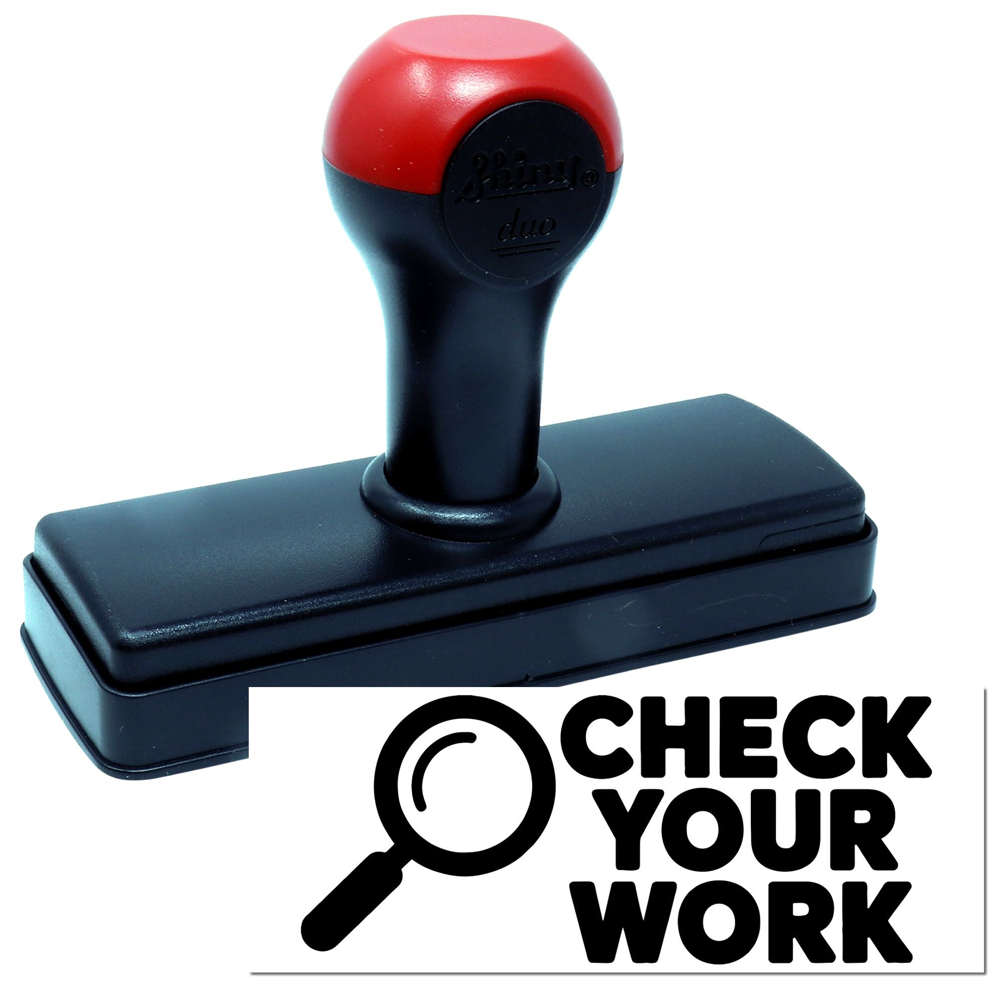 Red and black self-inking stamp and seal with a rectangular base and Check Your Work logo.