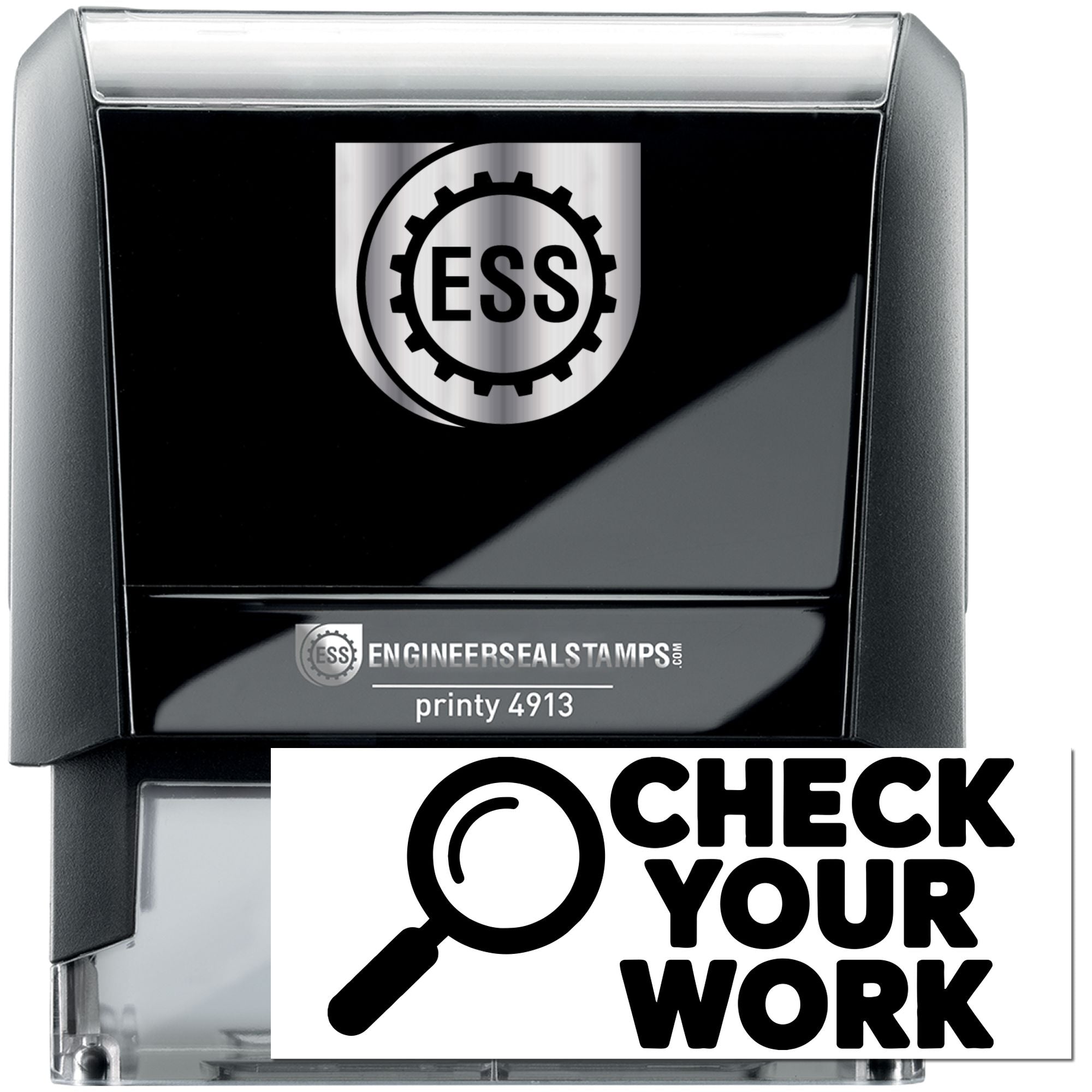 Black self-inking engineer seal stamp with silver ESS logo, clear cap, and Check Your Work mark