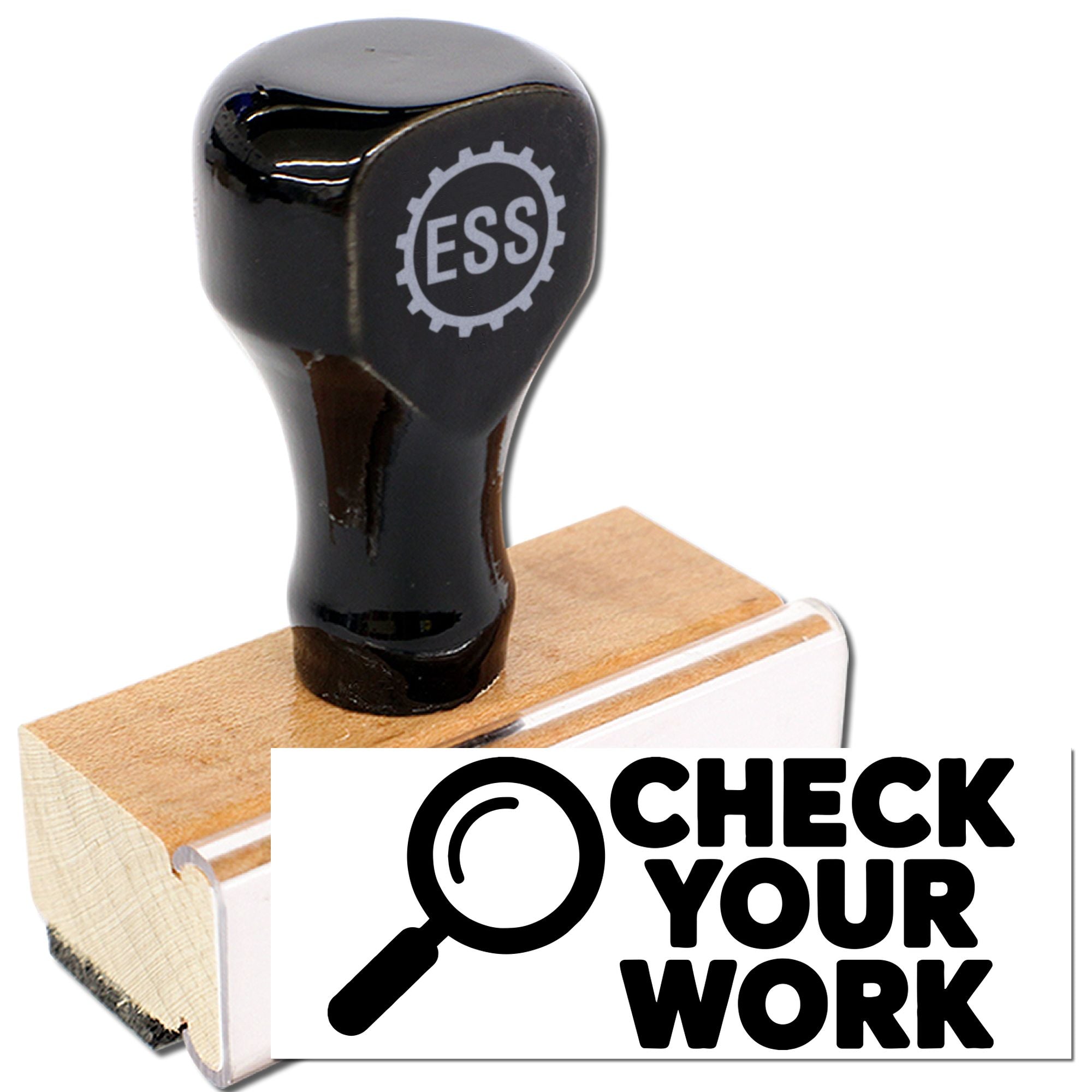 Black ESS rubber stamp with wooden base and white Check Your Work seal graphic.