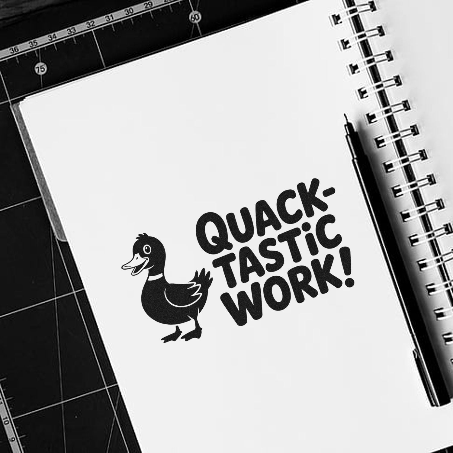 Duck-themed rubber stamp design in black on a white notebook page, with QUACK-TASTIC WORK! and a pen on a black desk.