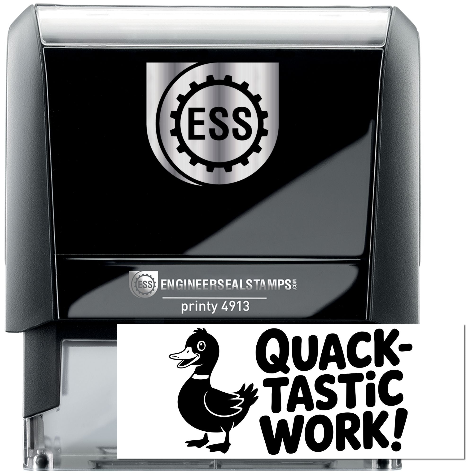 Black self-inking ESS engineer seal stamp with glossy black body, transparent case, and Quack-Tastic Work duck graphic.