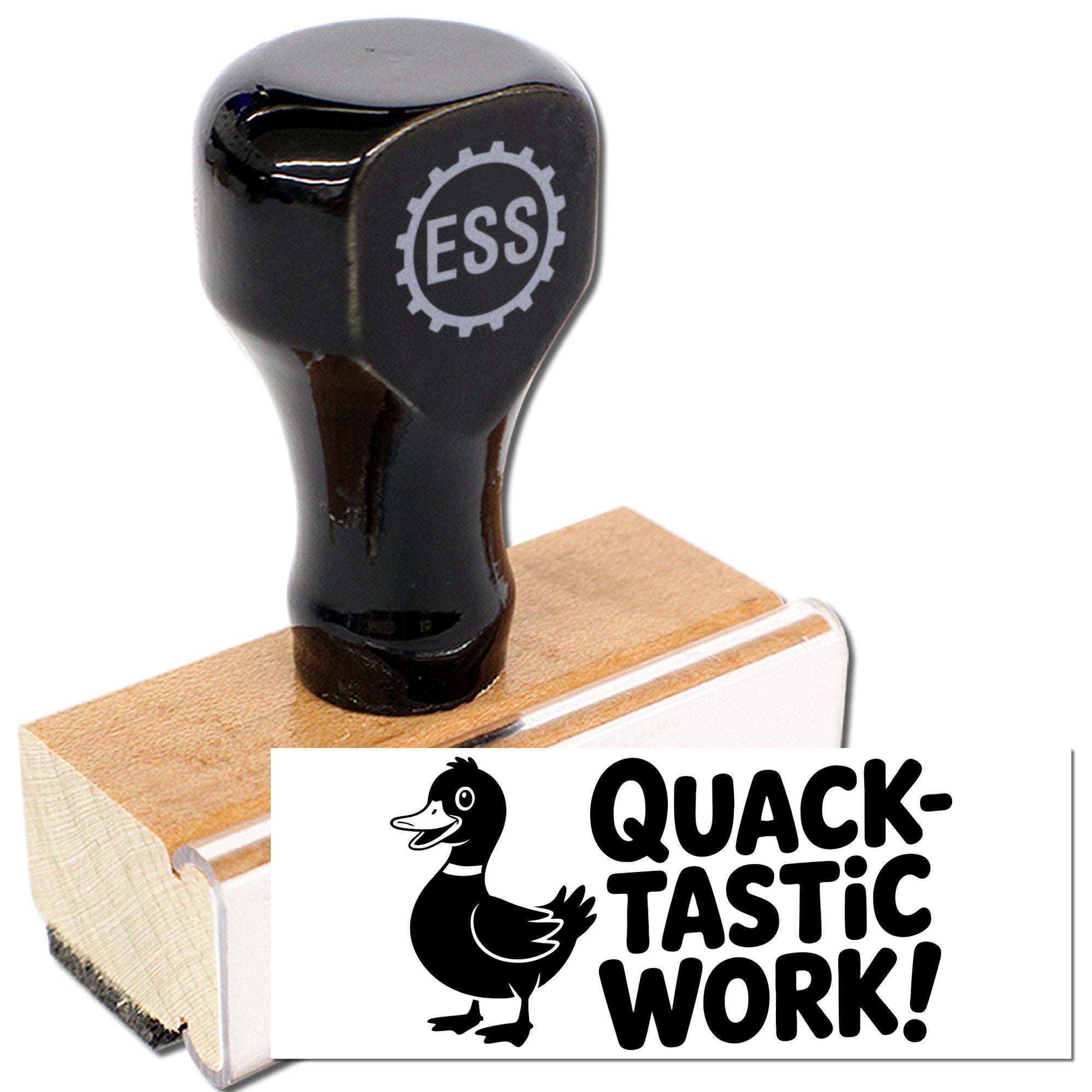 Black rubber stamp with ESS logo on a wooden handle, beside a Quack-Tastic Work duck design seal on white.