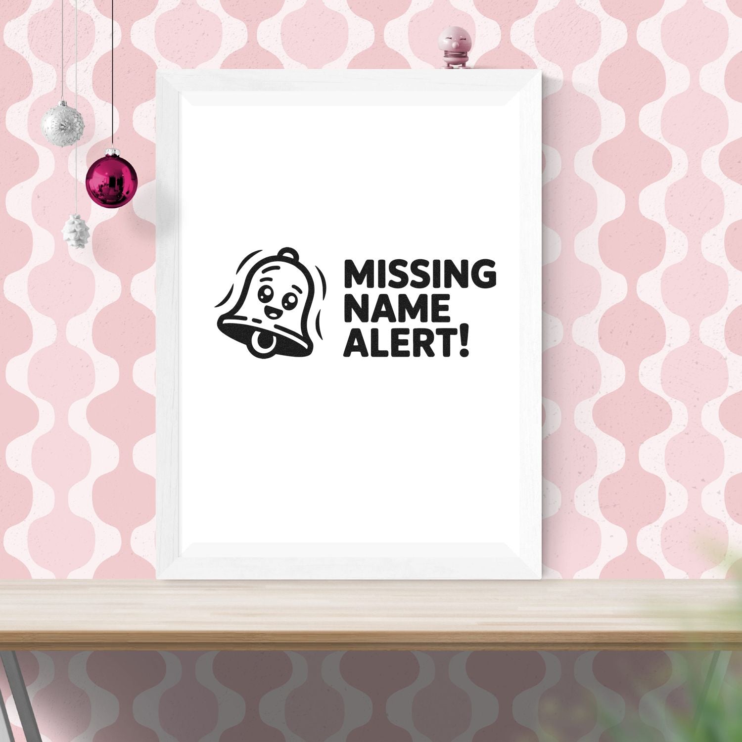 Custom stamp and seal design with black MISSING NAME ALERT! bell graphic on a white frame, pink patterned background.