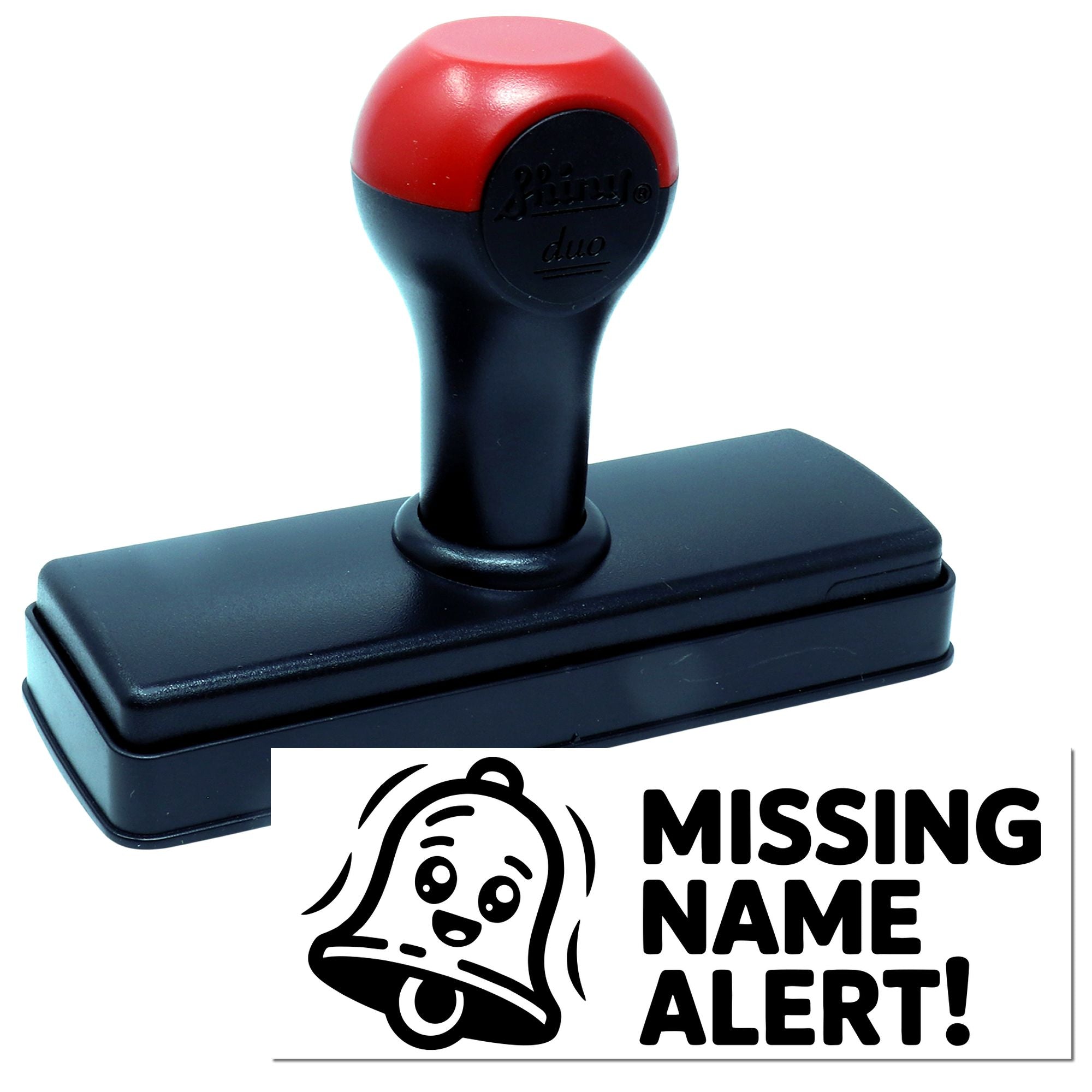 Red and black self-inking stamp and seal with a missing name alert bell design.