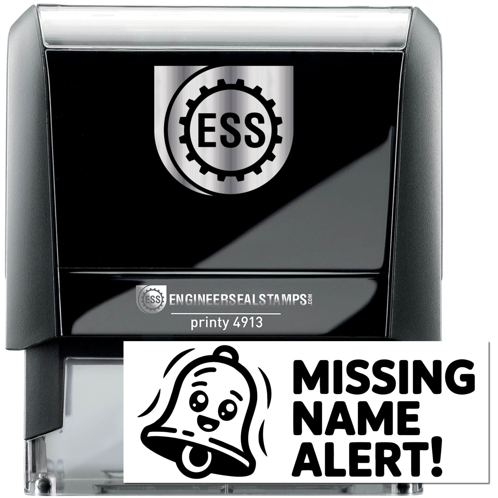 Black self-inking engineer seal stamp with silver trim and white Missing Name Alert! stamp with bell icon.