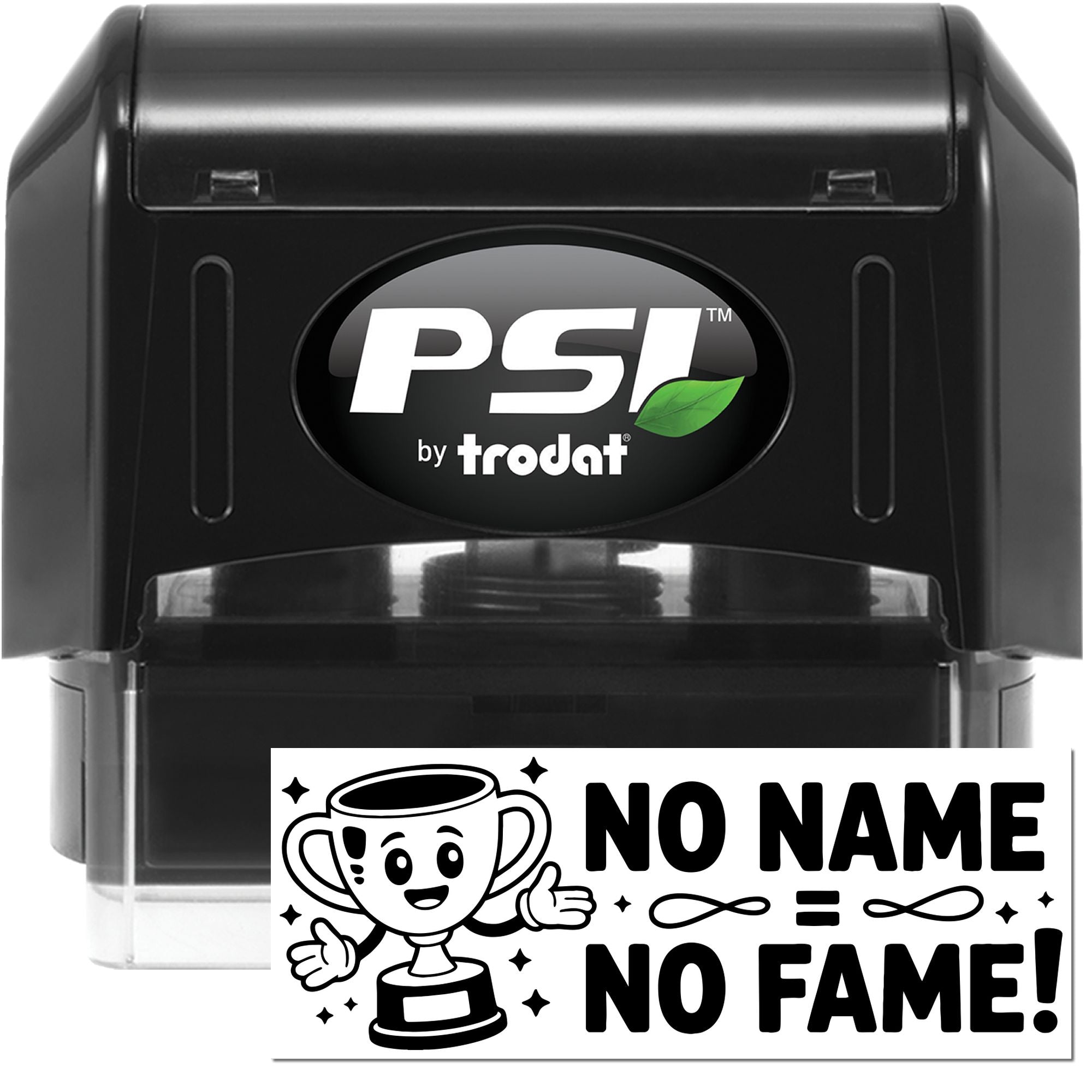 Black PSI by Trodat self-inking stamp with green leaf logo, plus white No Name seal design.