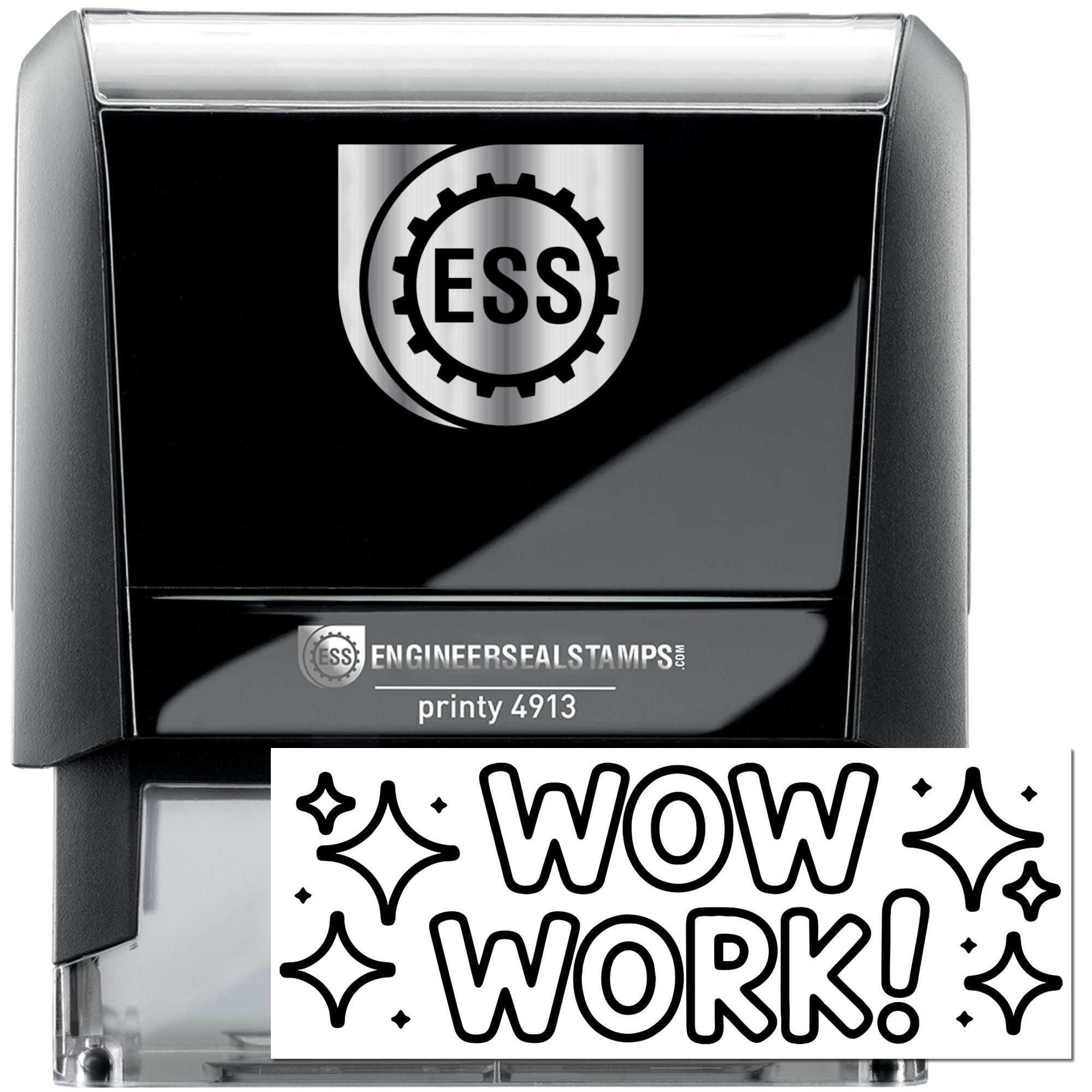 Black and silver self-inking engineer seal stamp with ESS logo, printy 4913, and bold WOW WORK! impression.