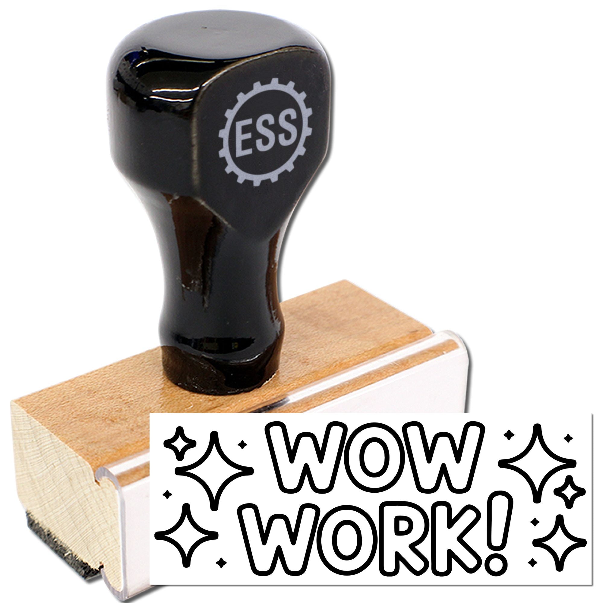 Black custom stamp and seal with glossy handle, wooden block, and bold WOW WORK! impression in black and white.