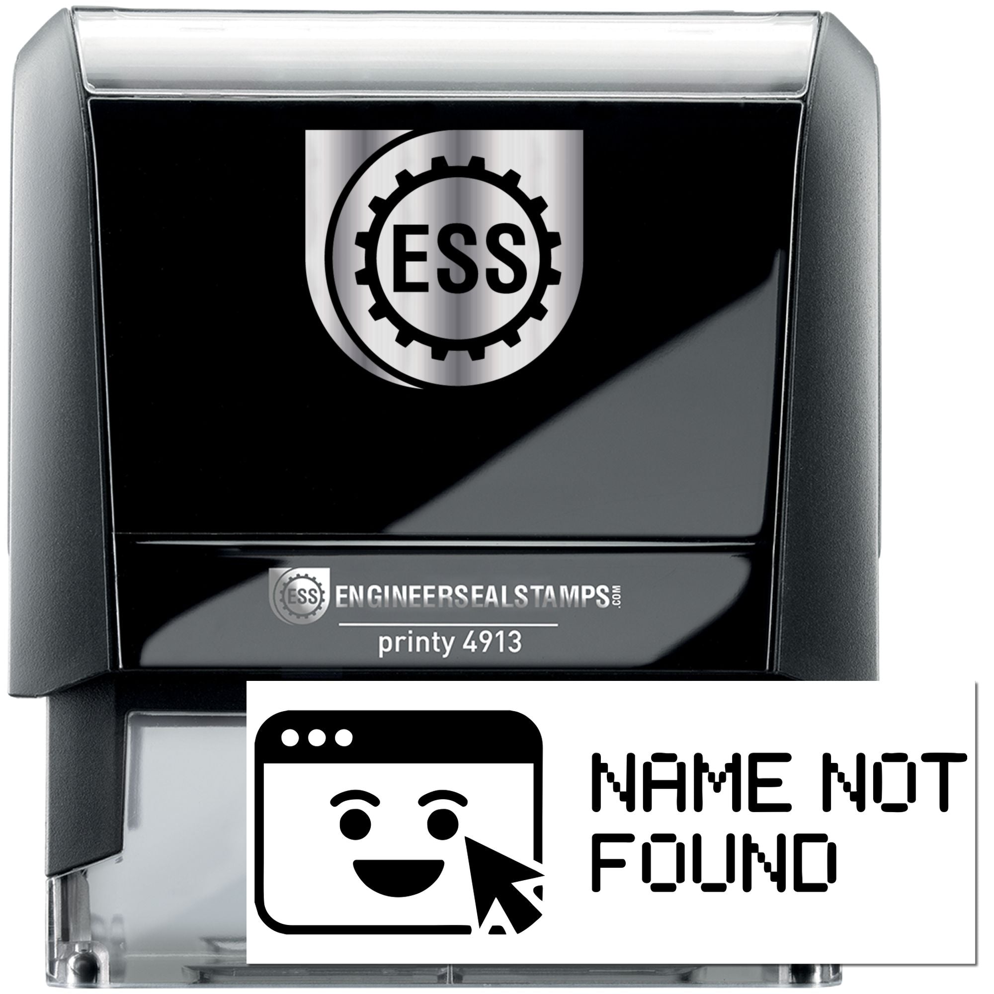 Black and gray ESS engineer seal self-inking stamp, Printy 4913, with name not found insert.