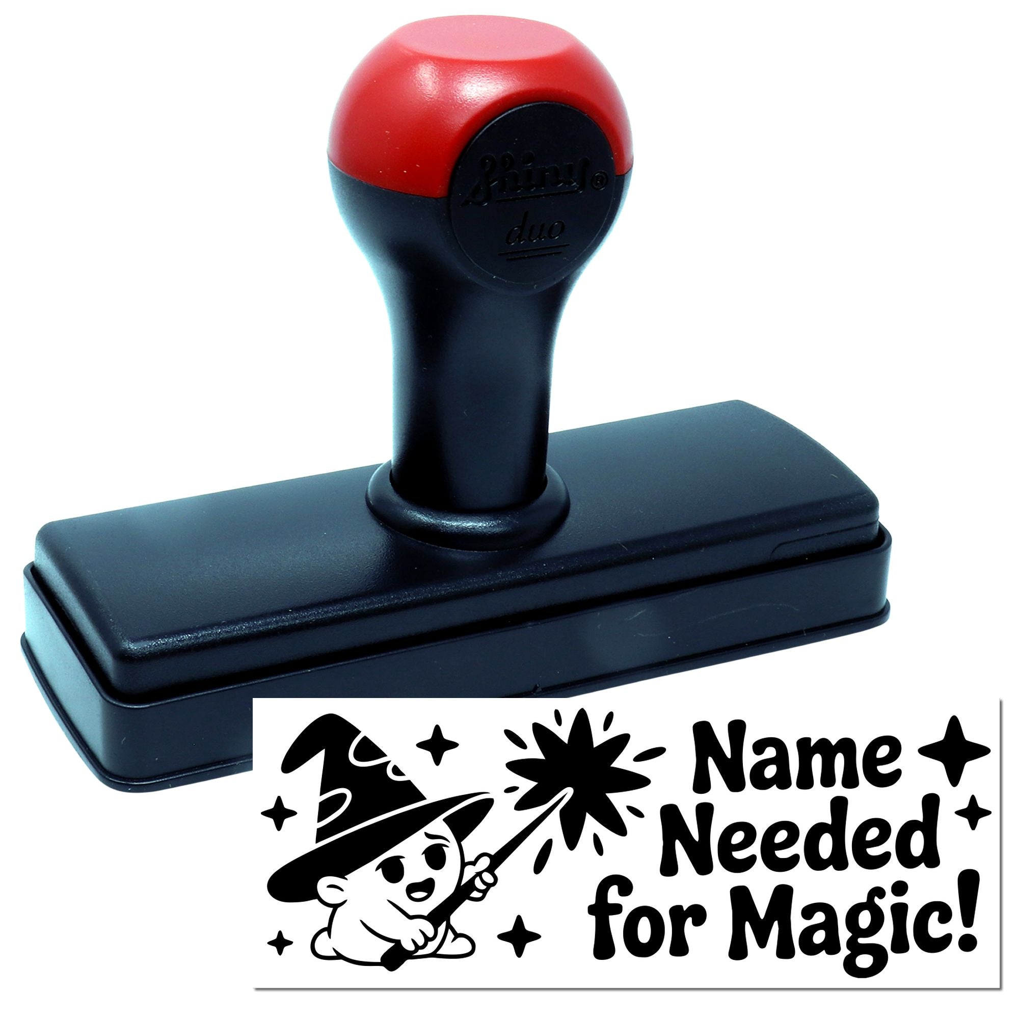 Red and black self-inking stamp with wizard design and Name Needed for Magic! seal impression.