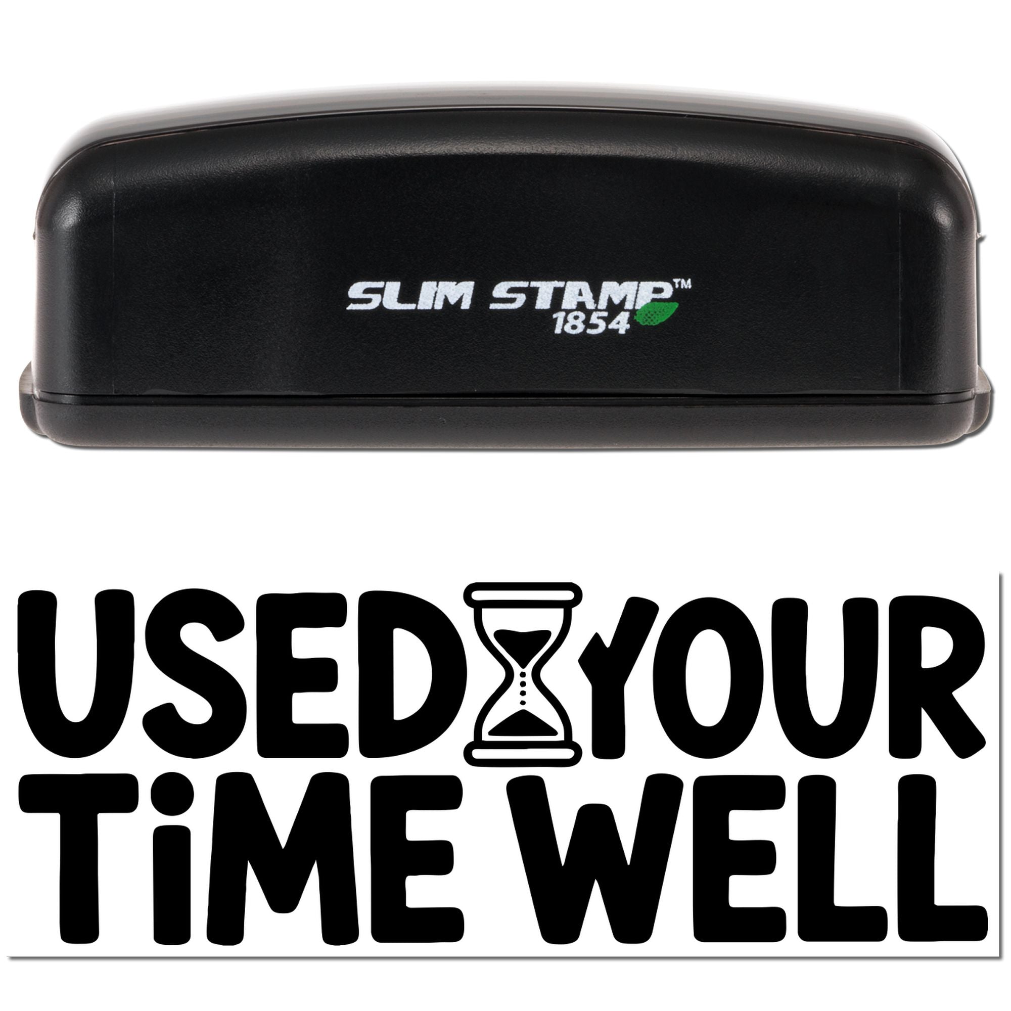 Black Slim Stamp 1854 stamp and seal product with white logo and green accent, above bold USED YOUR TIME WELL text.
