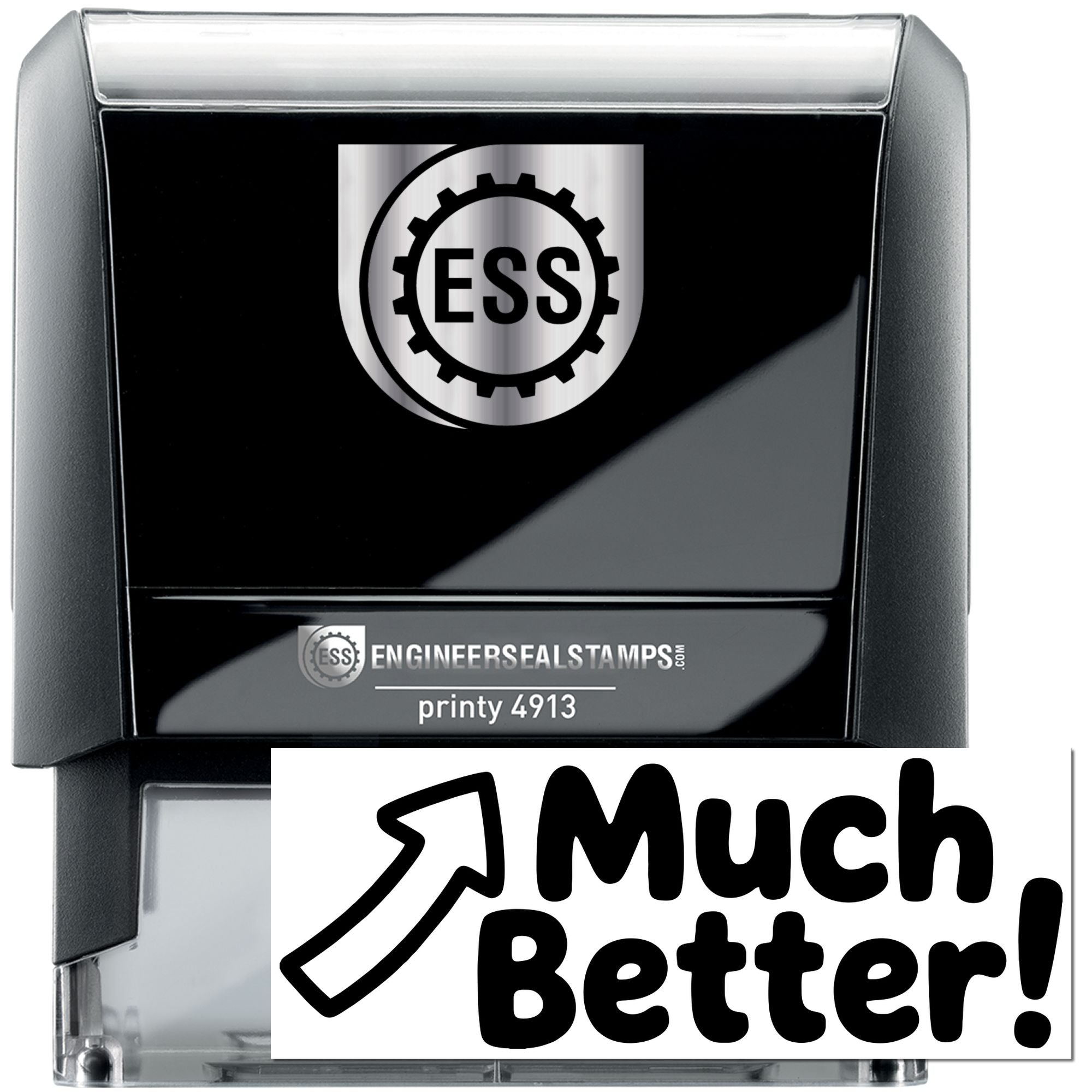 Black self-inking engineer seal stamp with ESS logo, silver accents, and bold Much Better! promotional graphic.