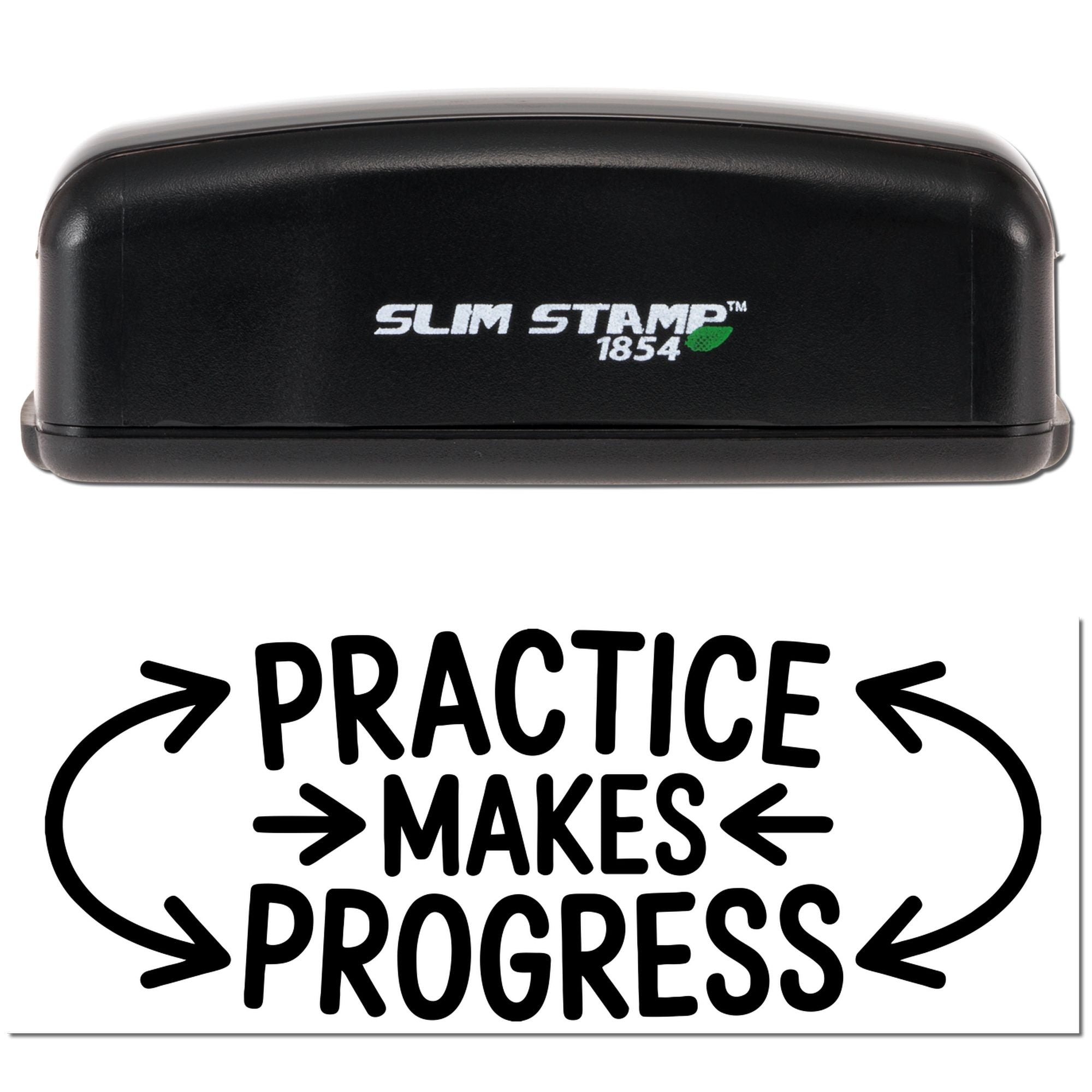 Black Slim Stamp 1854 stamp and seal set with bold Practice Makes Progress text on a white background.
