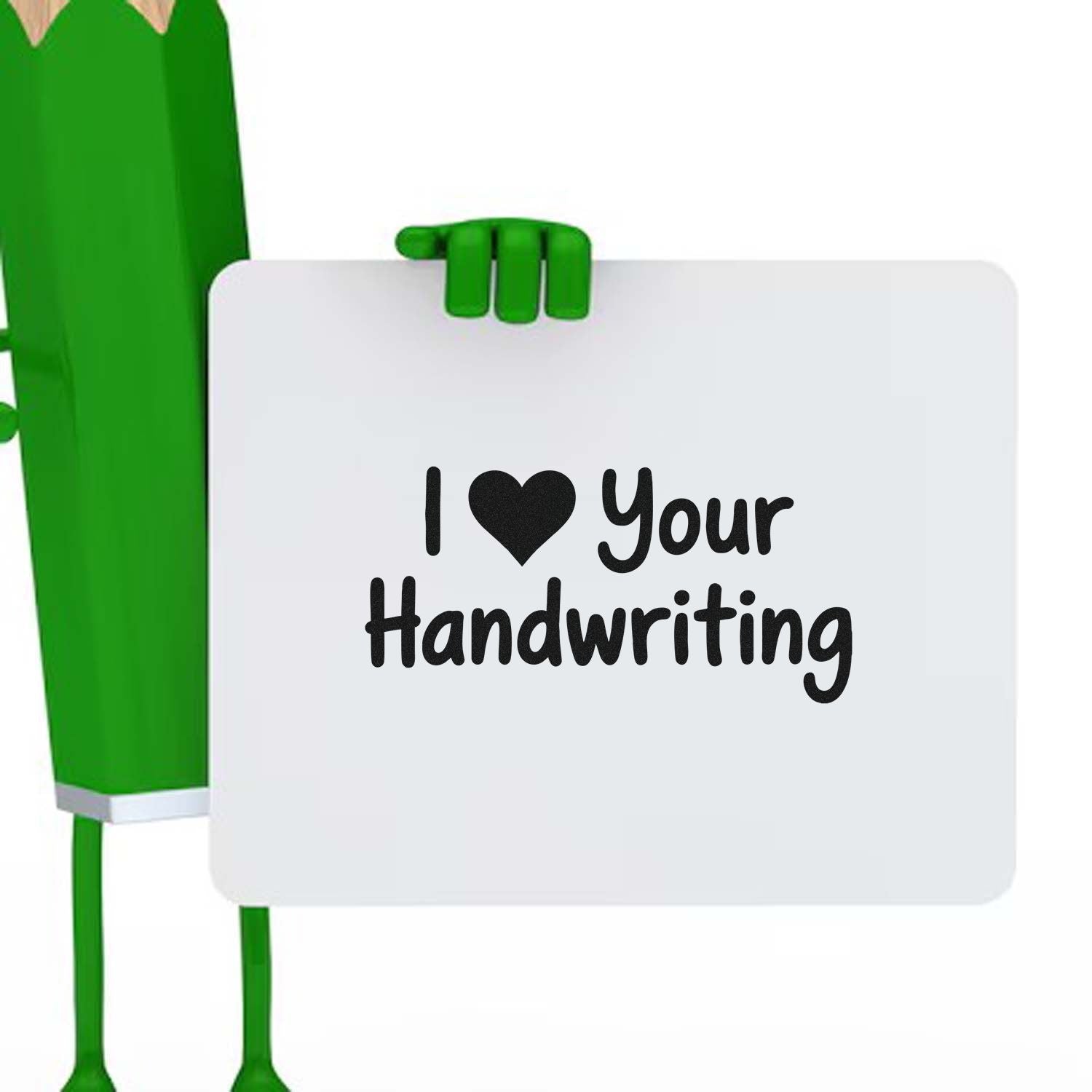 Green stamp and seal mascot holding a white sign with black text, I ? Your Handwriting.