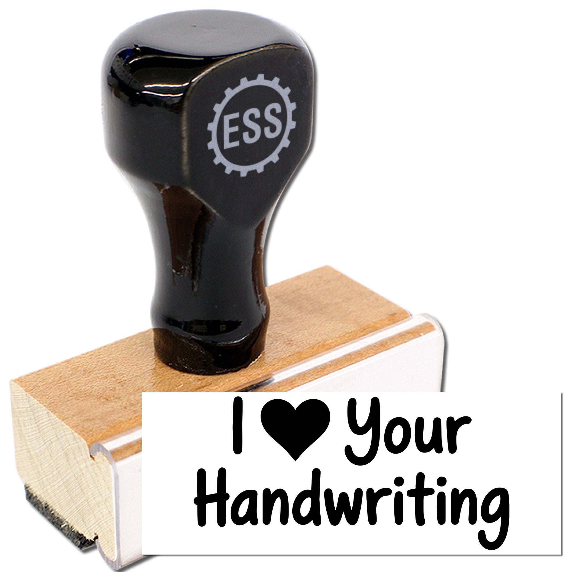 Black ESS stamp and seal with wooden base, showing I ? Your Handwriting imprint on white background