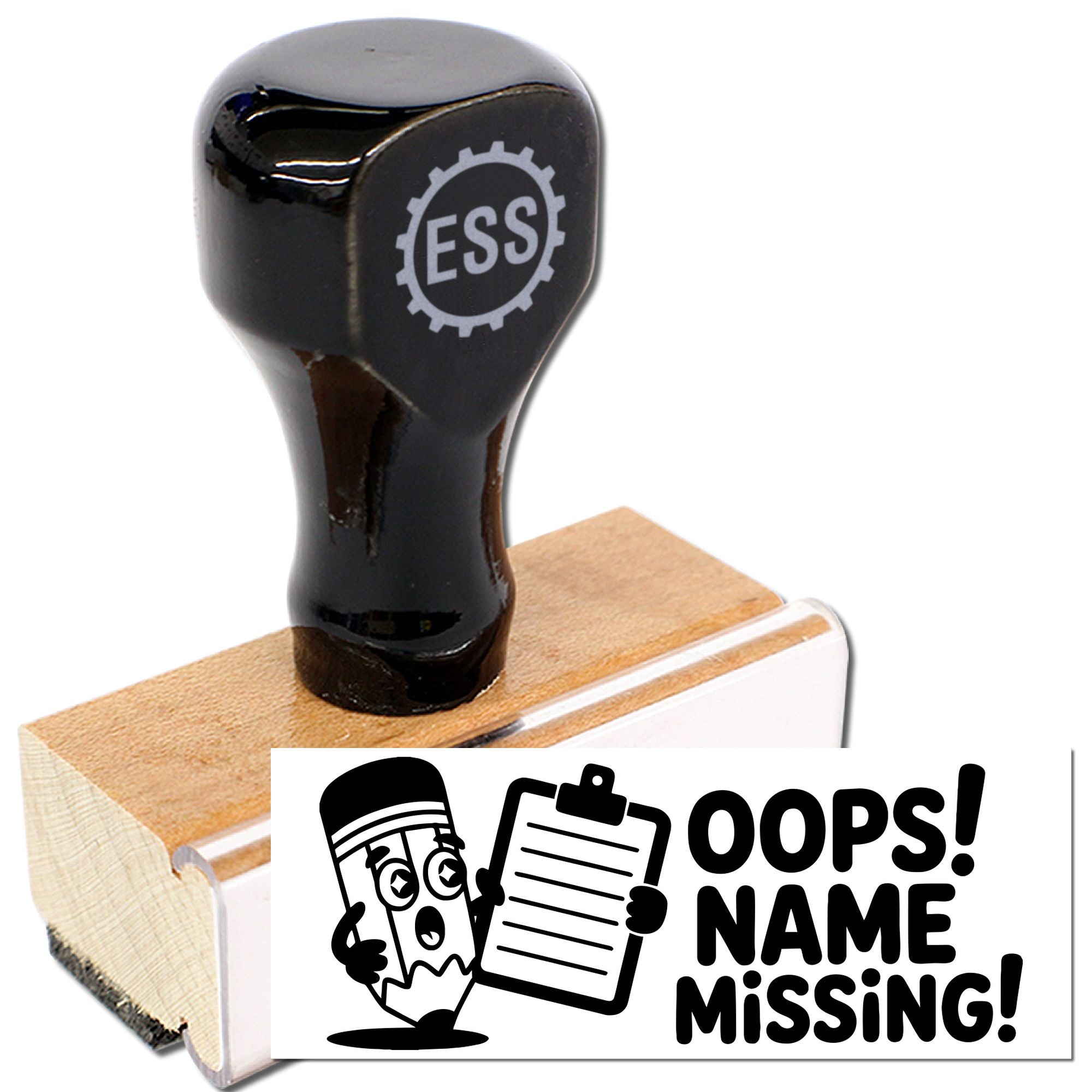 Black custom stamp and seal with wooden base, showing ESS logo and OOPS! NAME MISSING! imprint