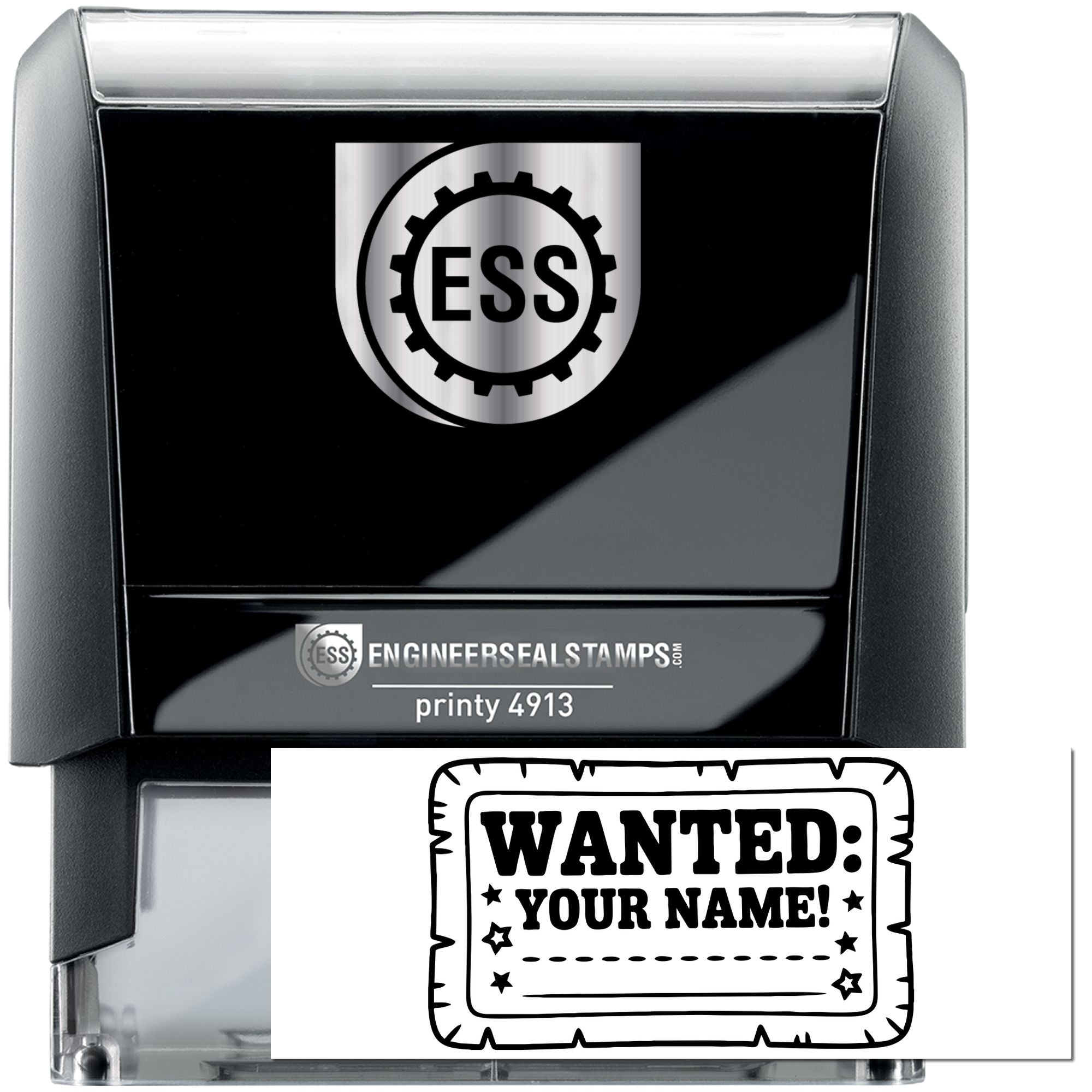 Black and silver ESS Engineer Seal Stamps self-inking stamp and seal set with custom logo and wanted-style seal design