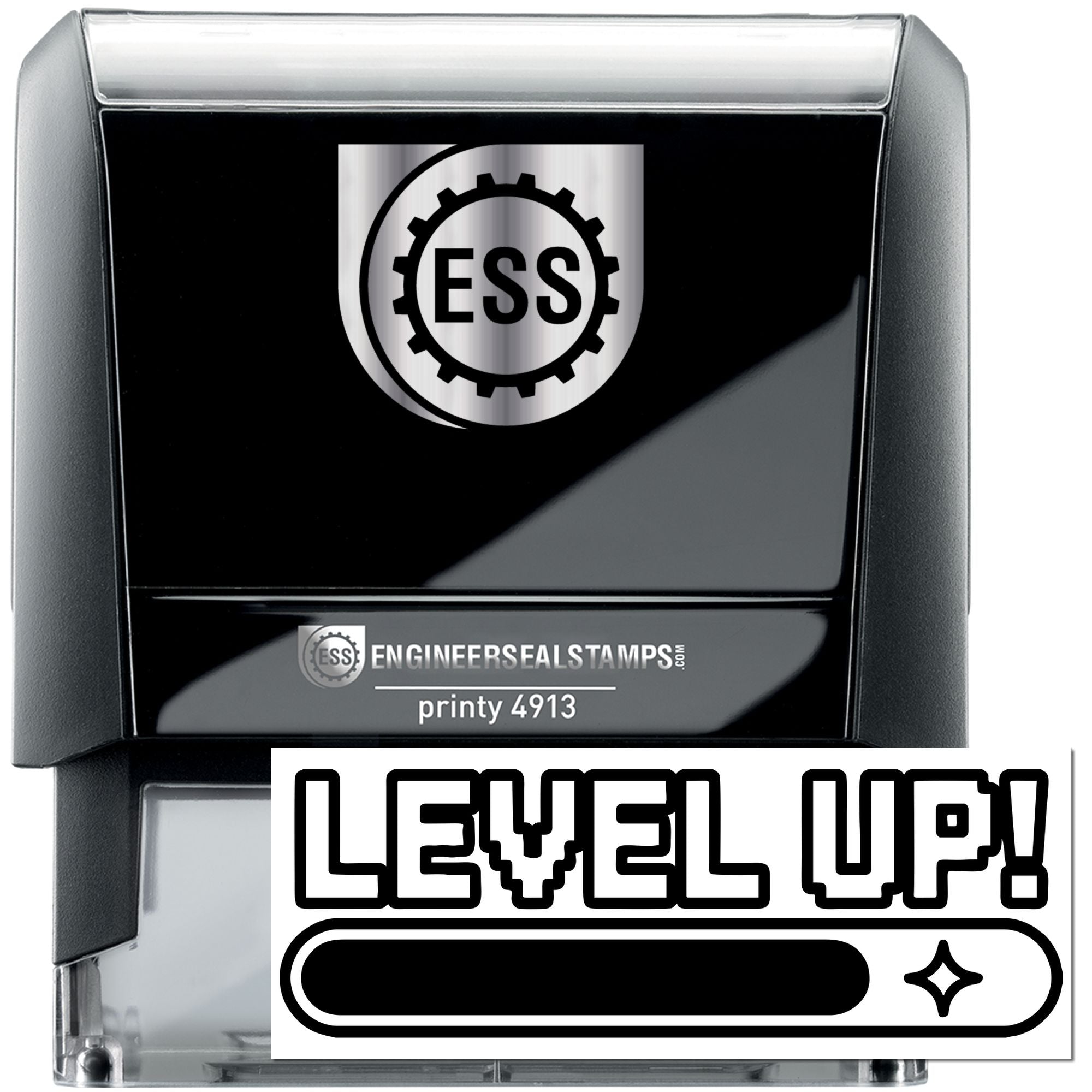Black self-inking engineer seal stamp with silver ESS logo and bold LEVEL UP! design.
