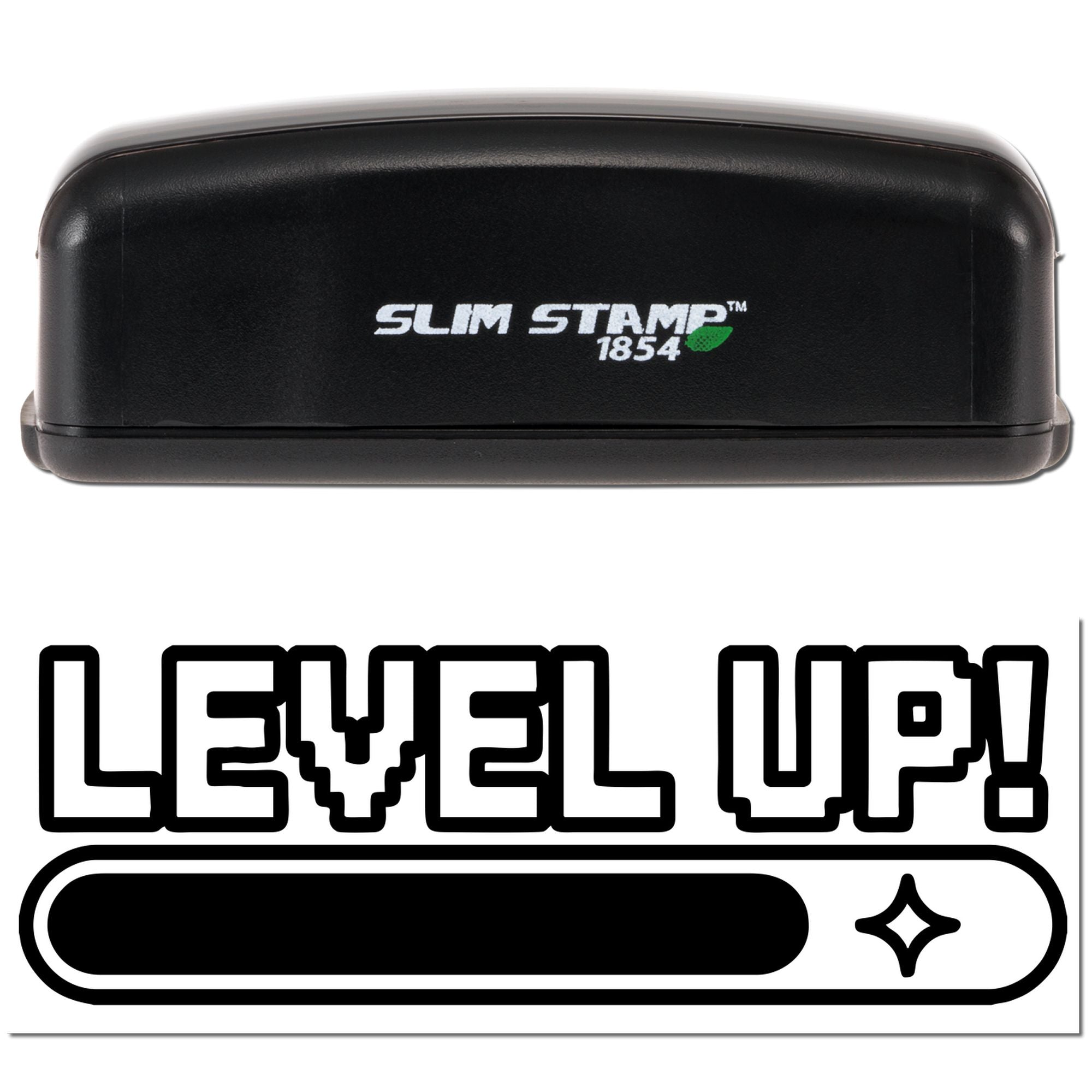Black Slim Stamp 1854 stamp and seal product with LEVEL UP! text and a bold progress bar icon on white background