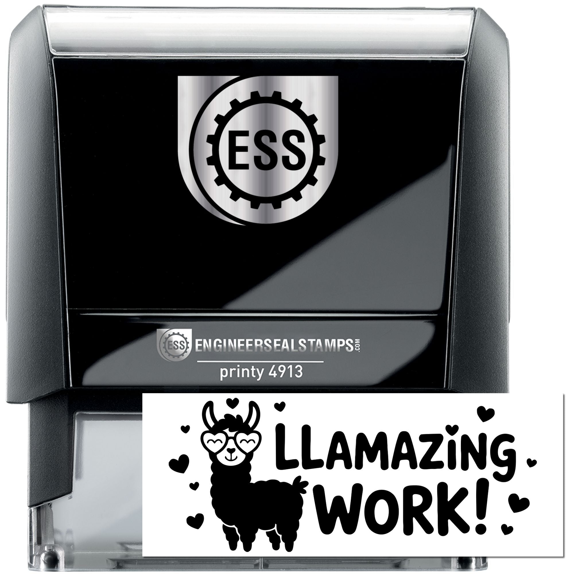 Black and silver ESS self-inking engineer seal stamp with llama-themed Llamazing Work! impression.