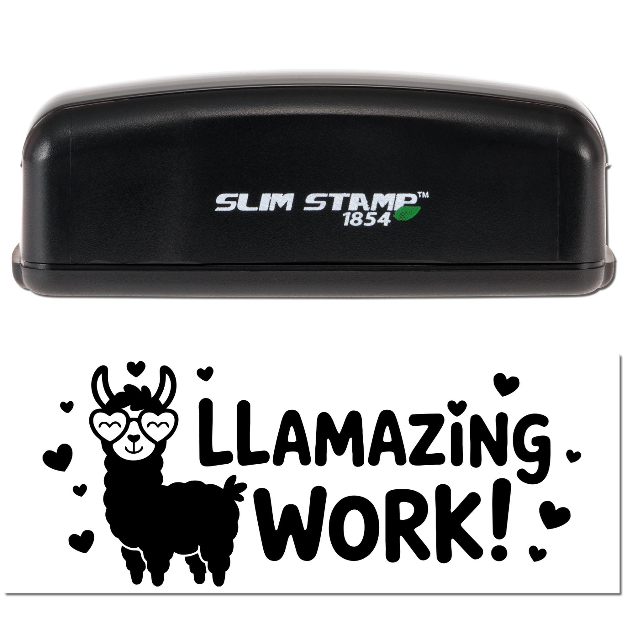 Black Slim Stamp 1854 stamp and llama seal design with hearts and bold LLAMAZING WORK! text on white background.
