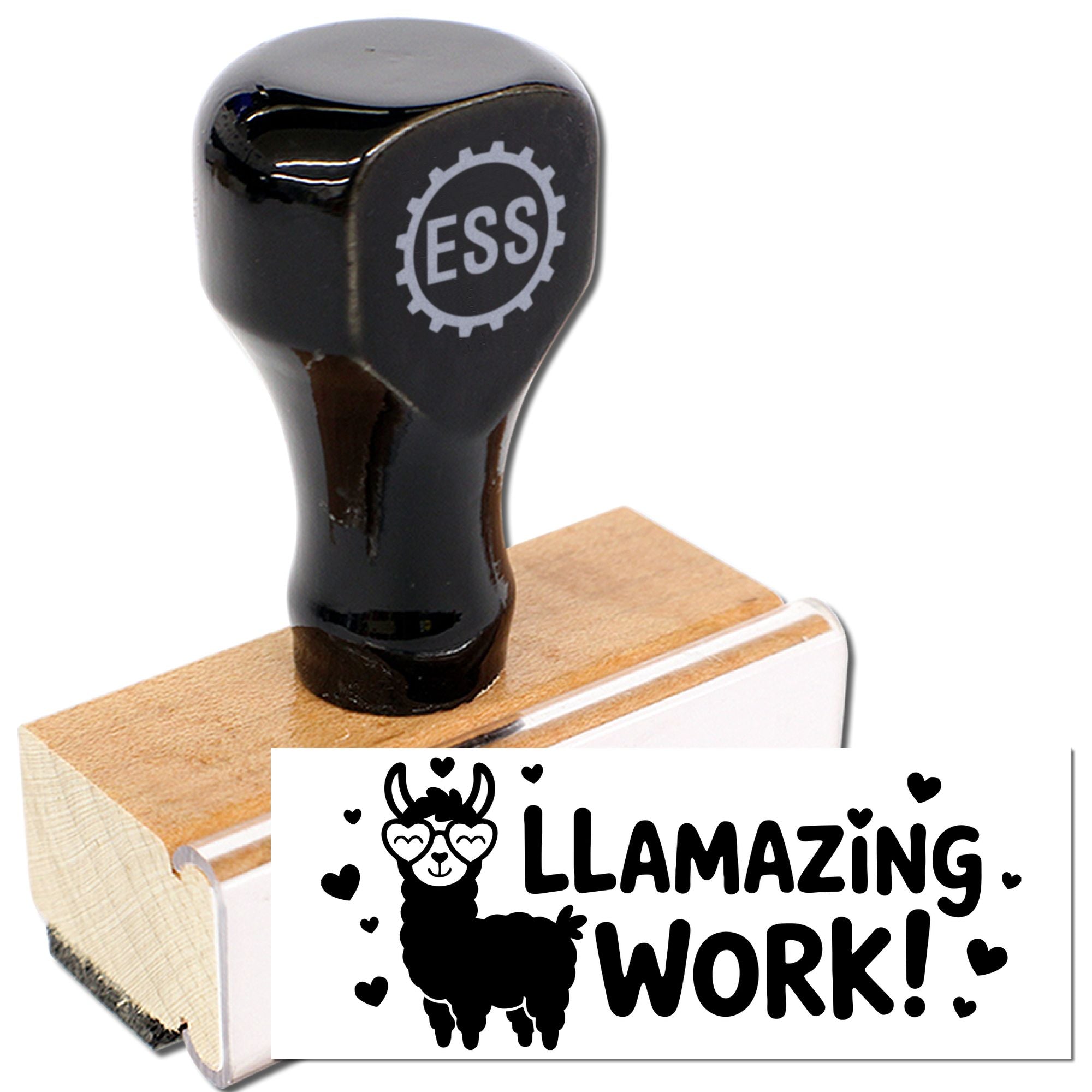 Black stamp and seal on wood base with ESS logo, printing a white llama design and LLAMAZING WORK! with hearts.