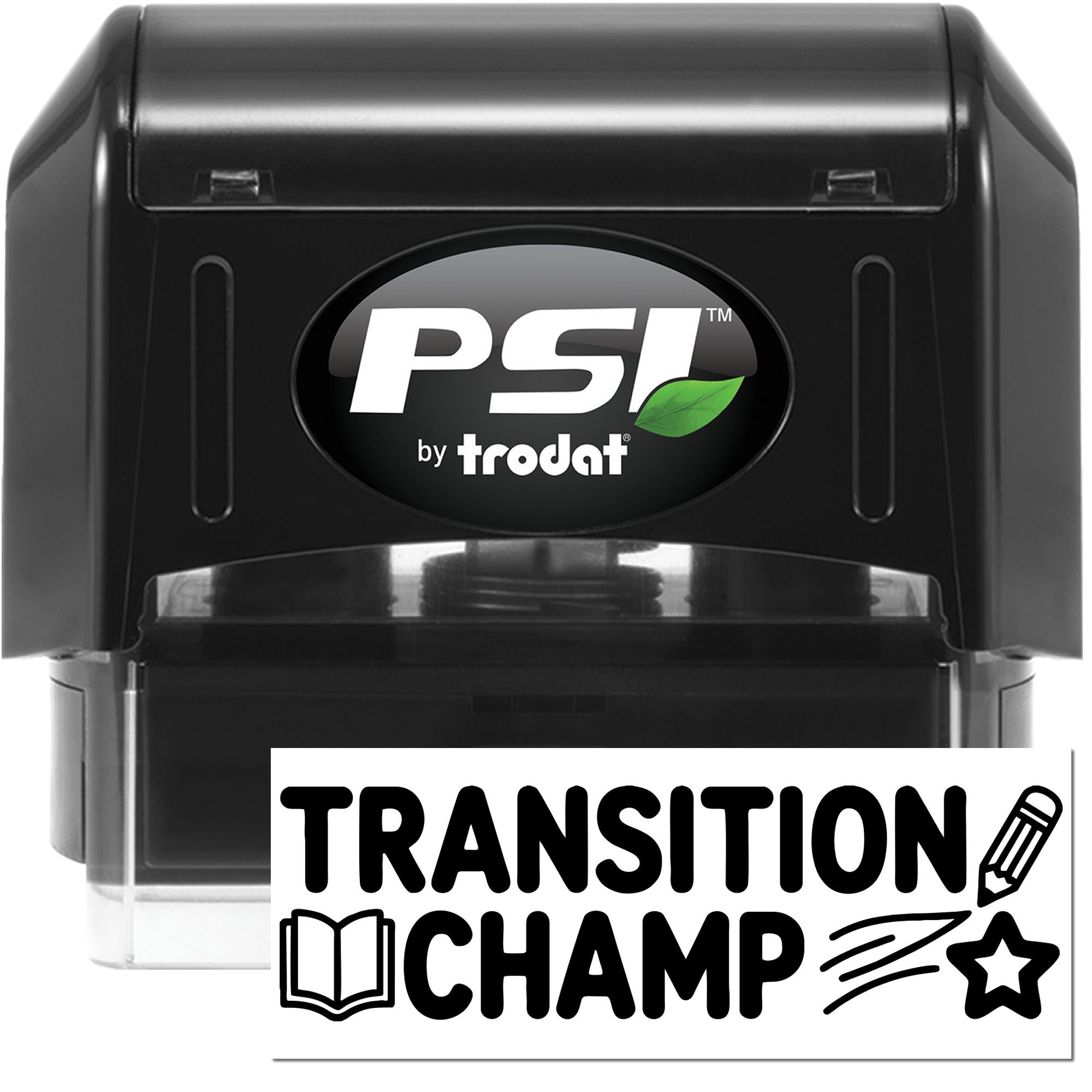 Black PSI by Trodat self-inking stamp with green leaf logo, plus white Transition Champ seal with bold black icons.