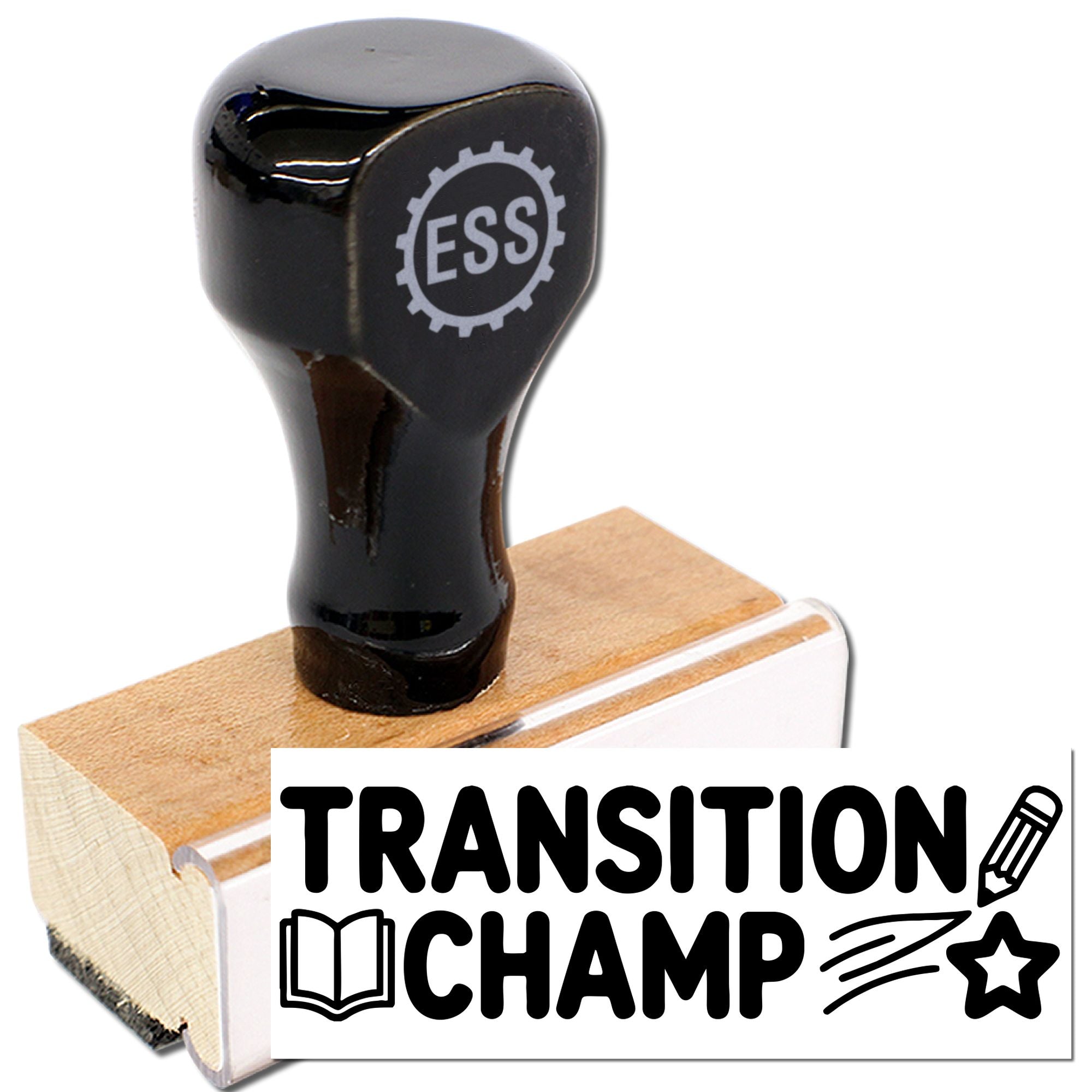 Black rubber seal stamp with ESS logo on wooden block, beside TRANSITION CHAMP text and school icons.