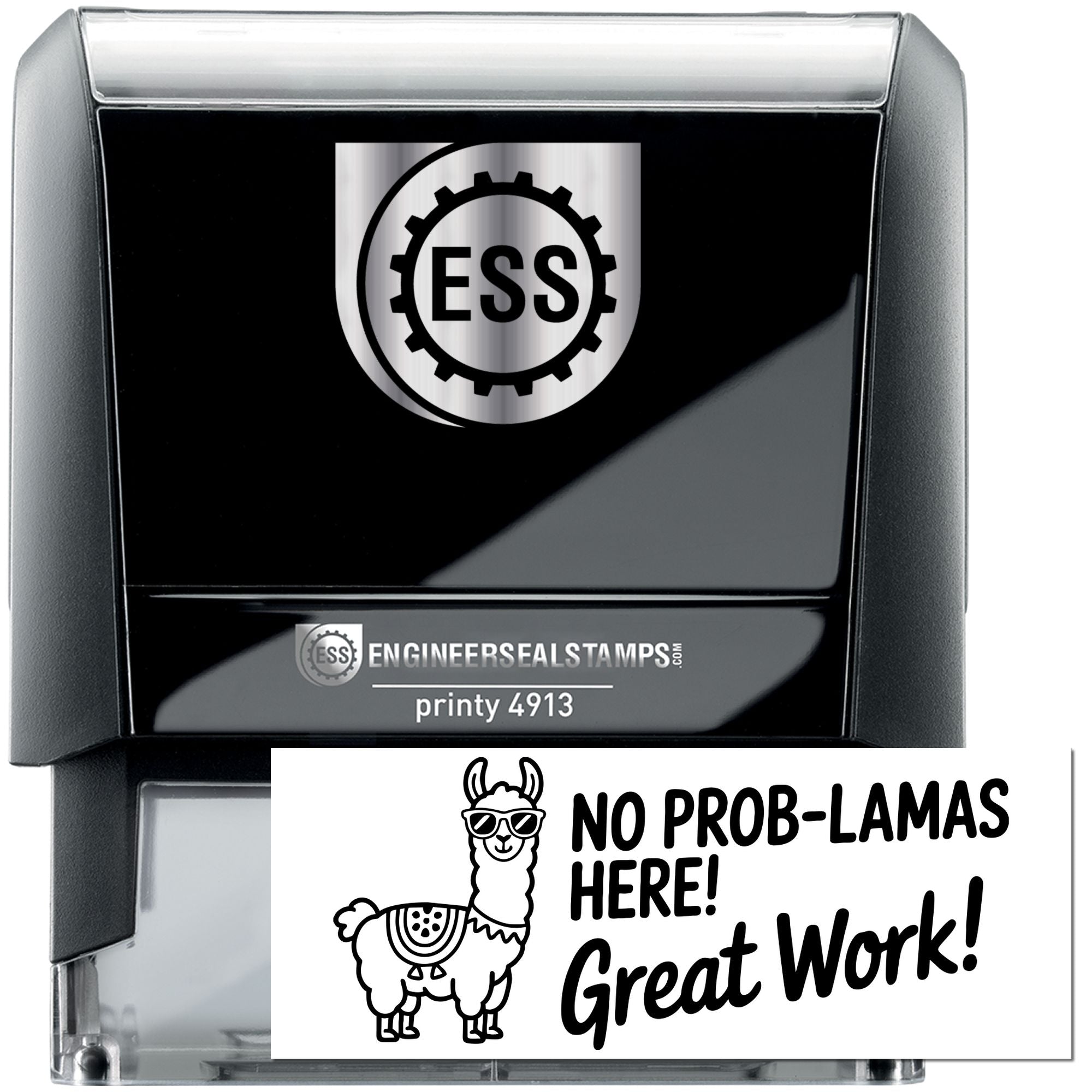 Black and silver ESS EngineerSeal self-inking stamp and seal set, printy 4913, with llama No prob-lamas here! Great Work! seal.