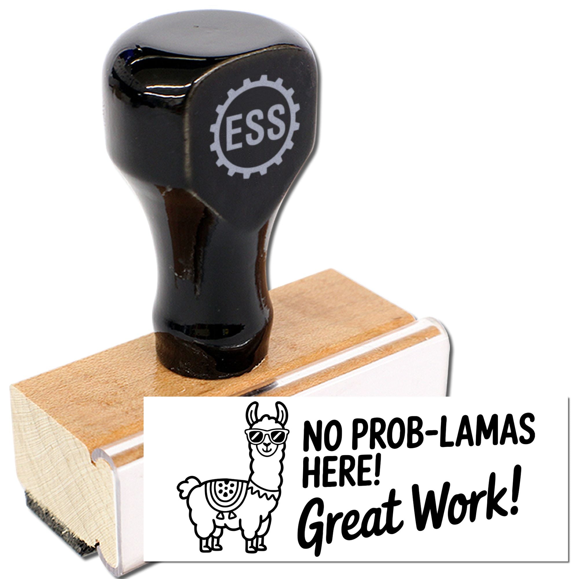 Black ESS rubber stamp and wooden seal block with white llama No prob-lamas here! Great Work! design.