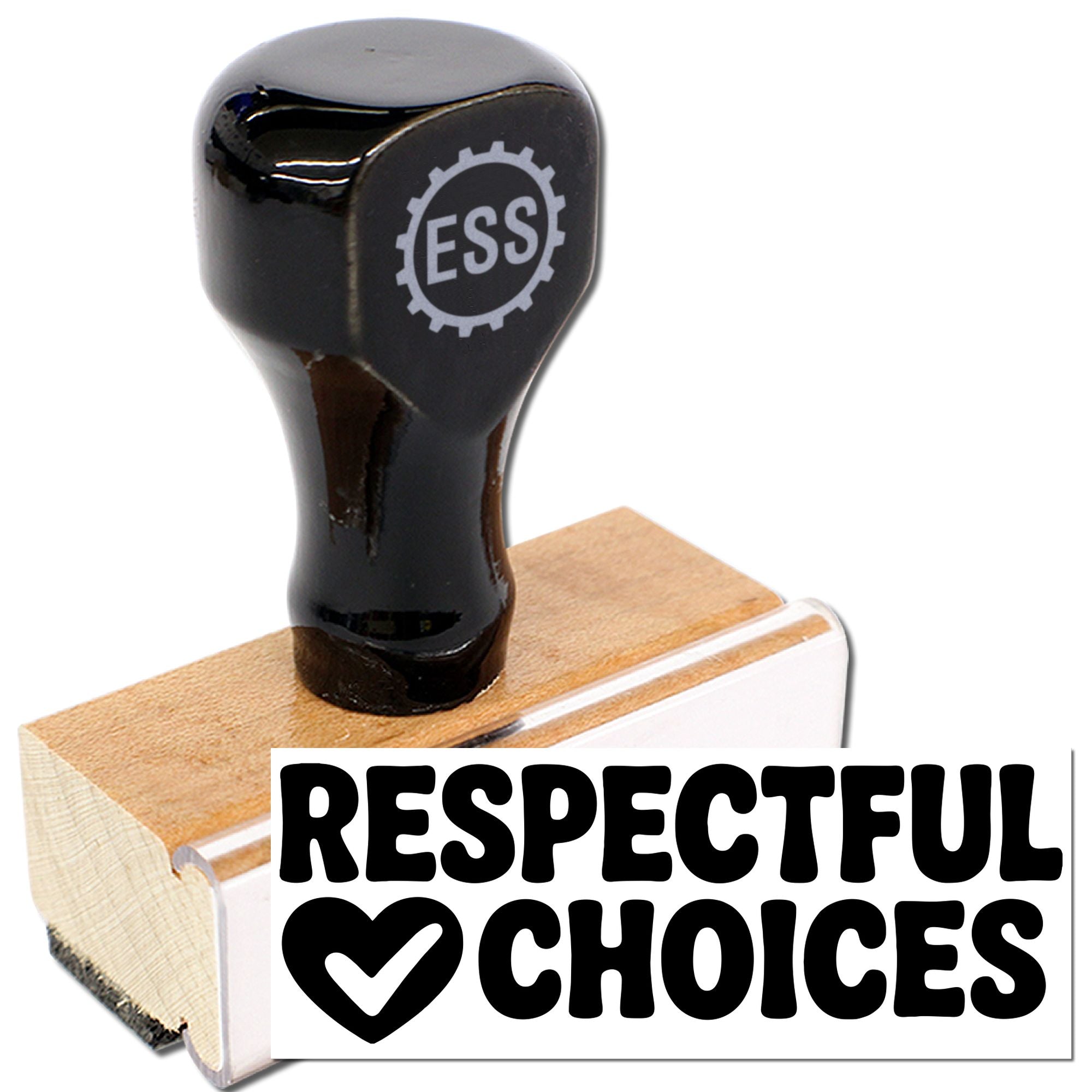 Black rubber stamp and wooden seal block with ESS logo, Respectful Choices, and heart checkmark