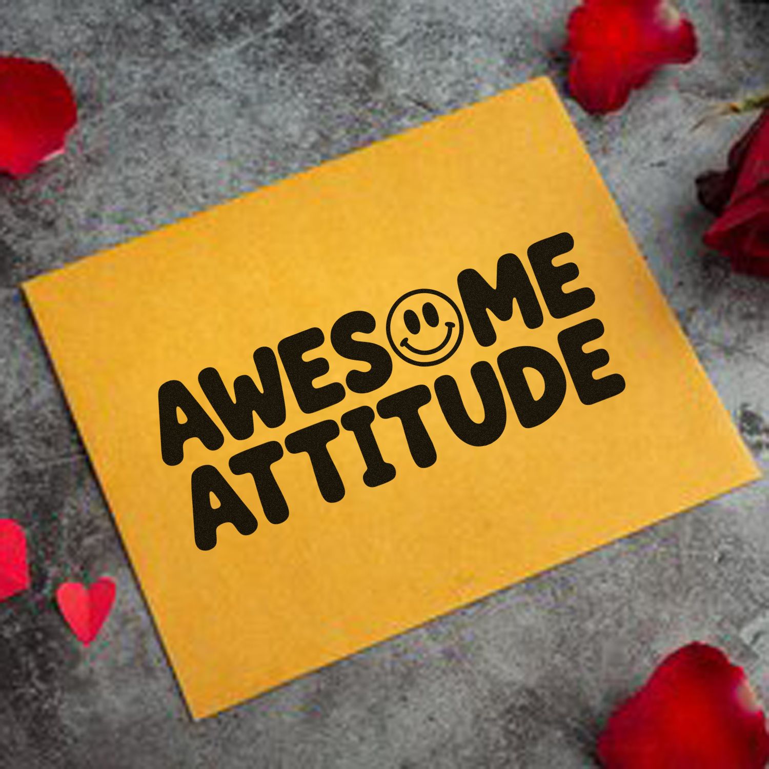 Yellow stamp seal card with black Awesome Attitude text and smiley face, on gray background with red rose petals.