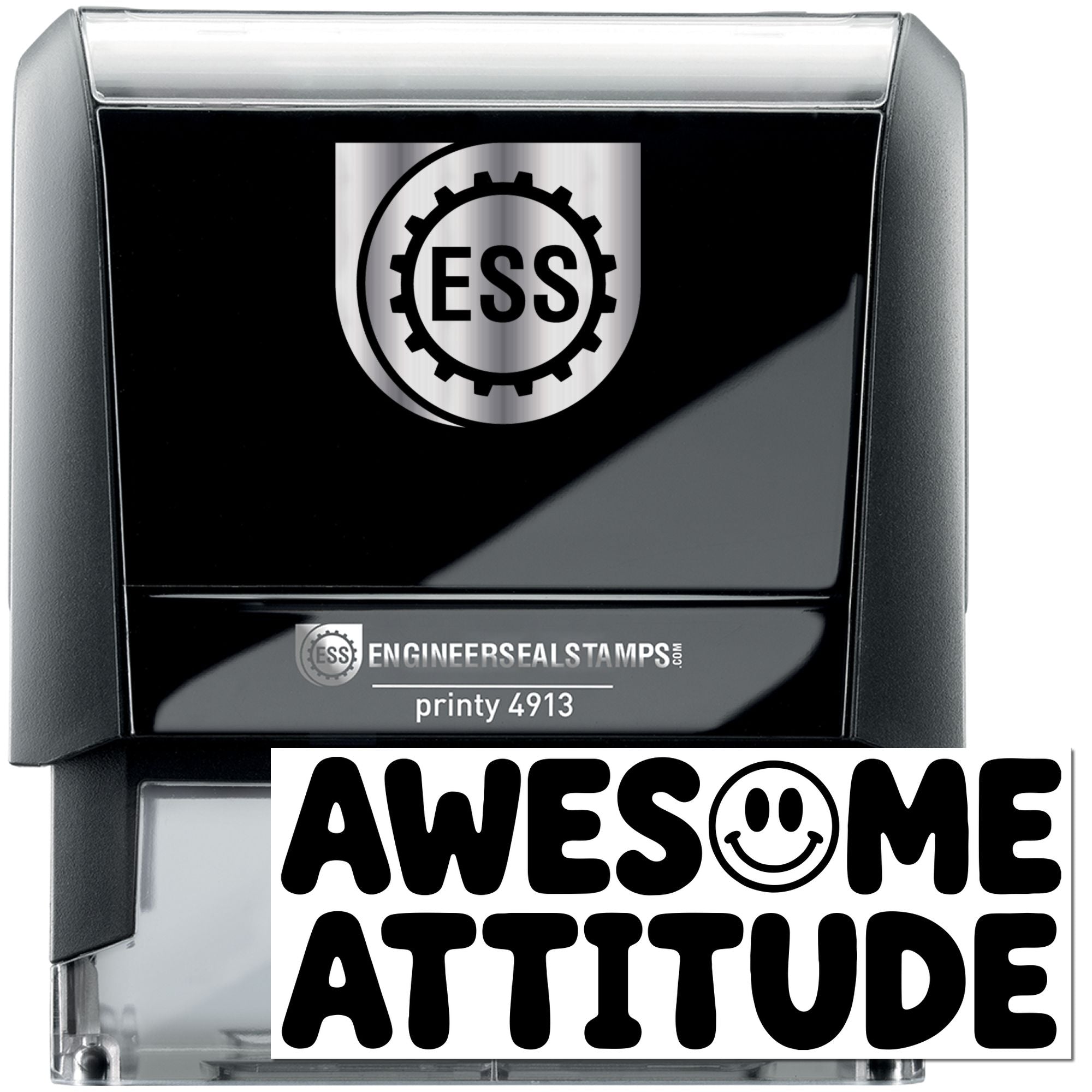 Black and gray self-inking stamp and seal with ESS logo and bold Awesome Attitude imprint
