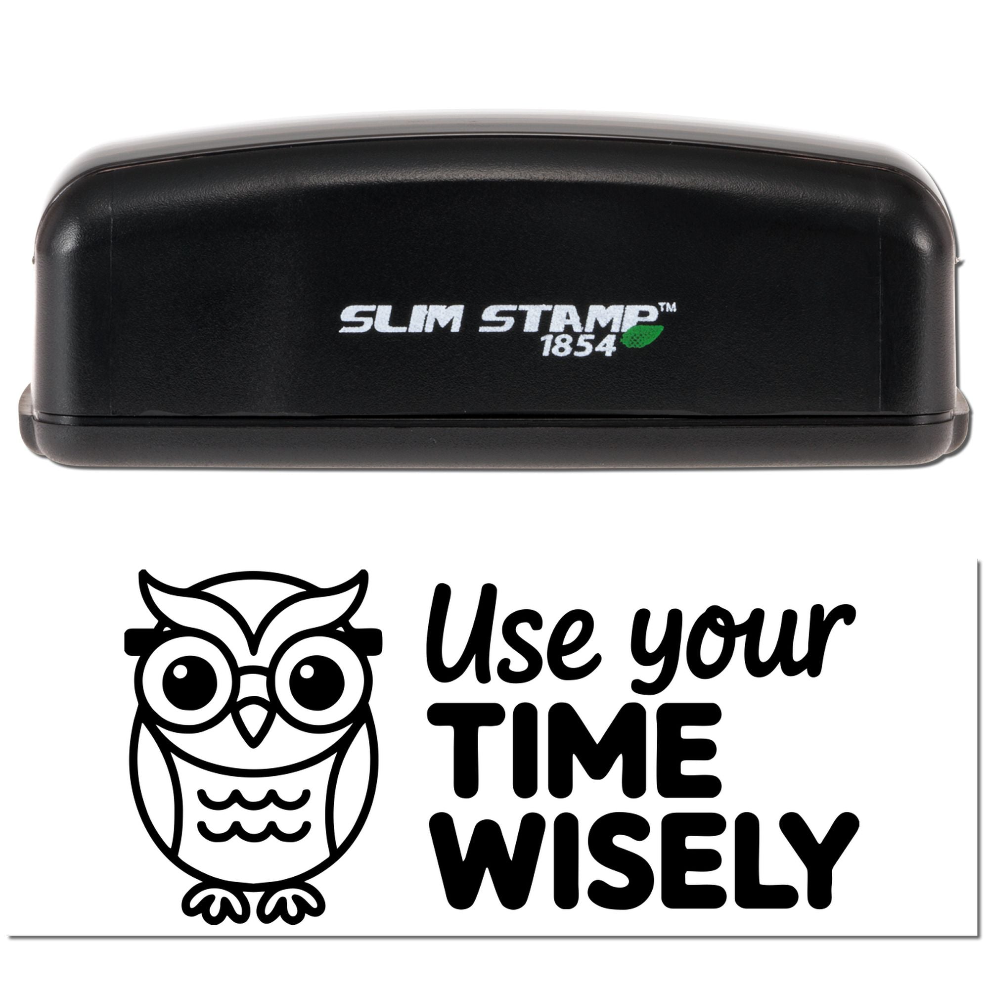 Black Slim Stamp 1854 with owl seal and Use your TIME WISELY text on a white background