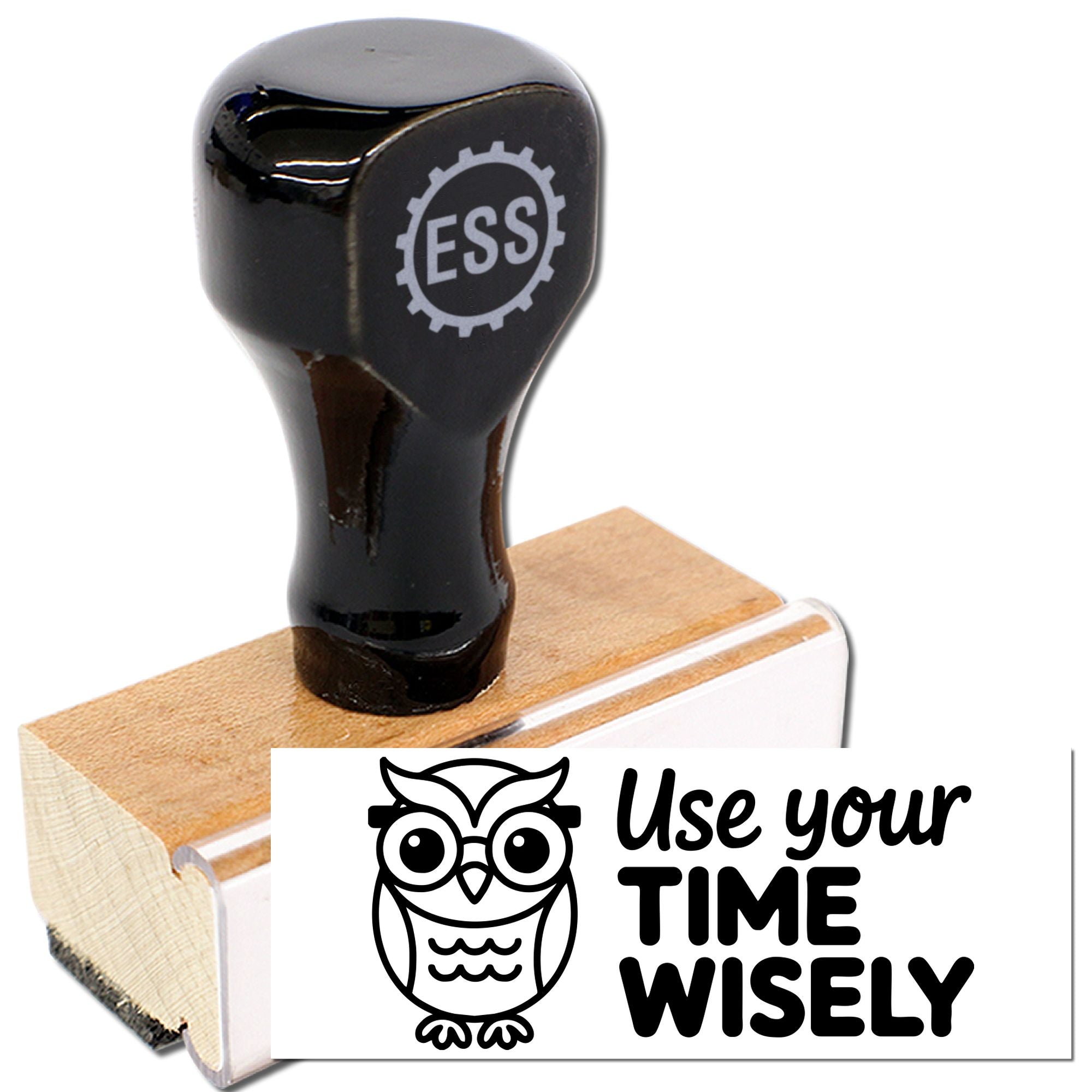 Glossy black ESS stamp handle on wooden mount with owl Use your TIME WISELY seal, white background