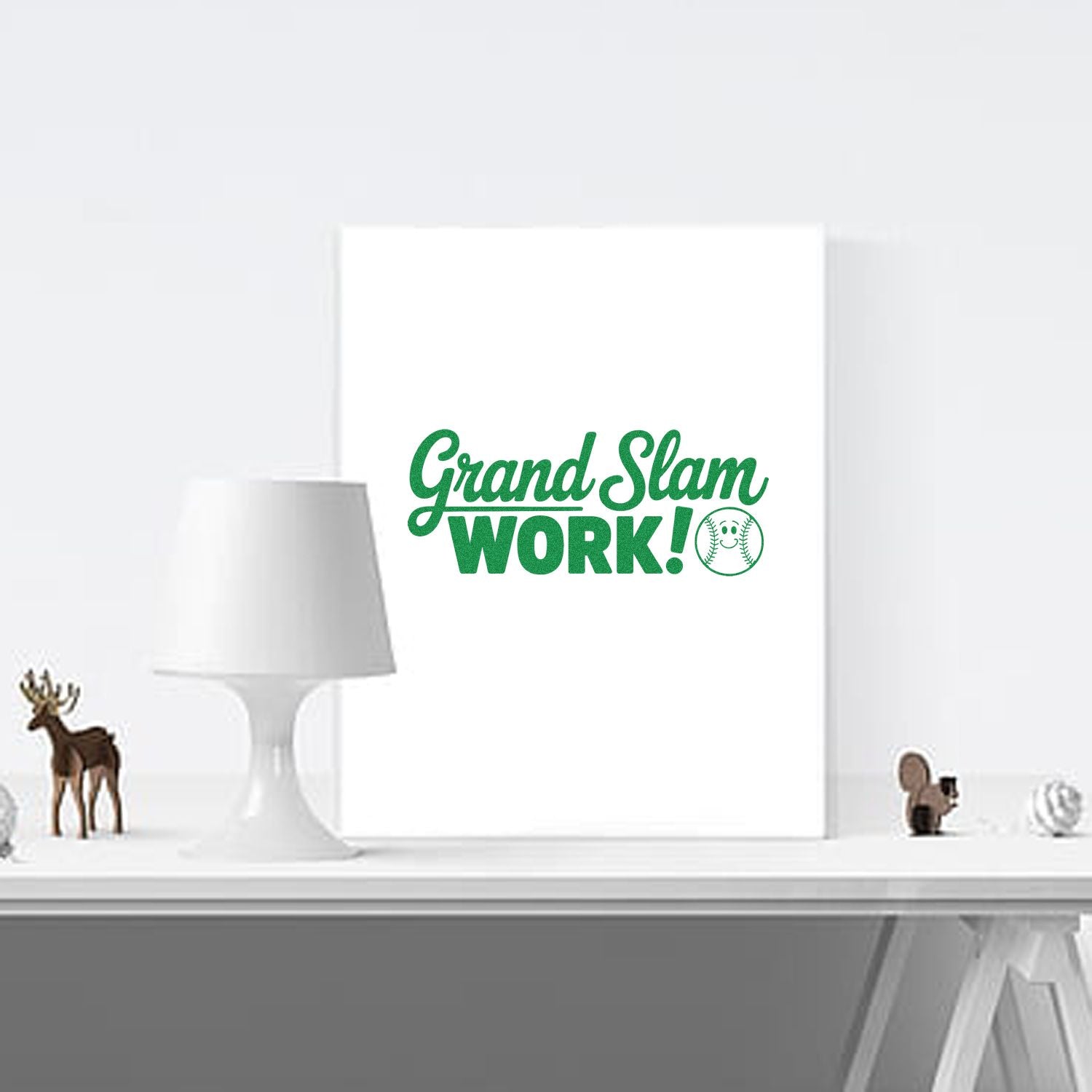 Green Grand Slam Work! baseball stamp and seal on white display, with playful sports decor.