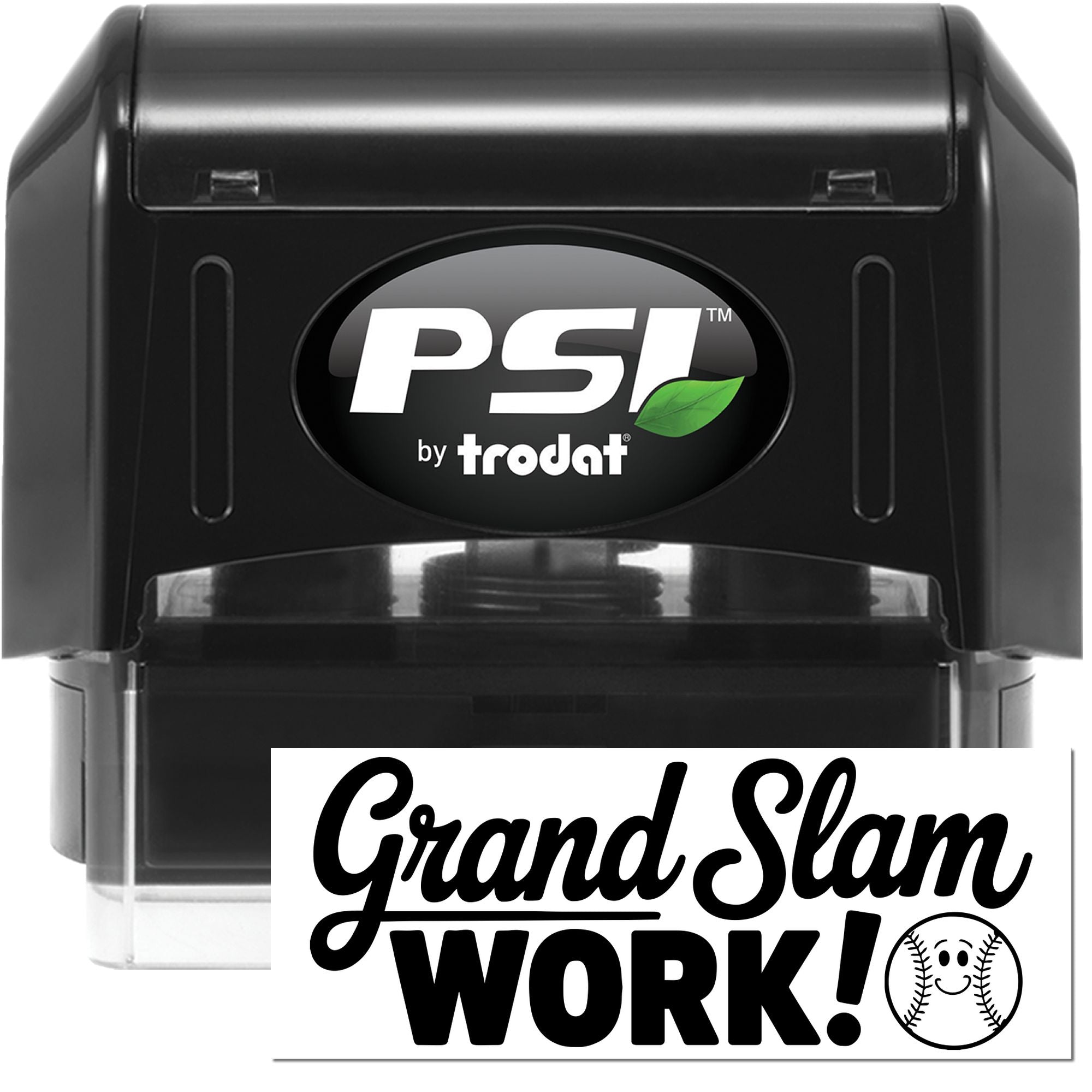 Black PSI by Trodat self-inking stamp and seal with clear base and Grand Slam Work! baseball design.
