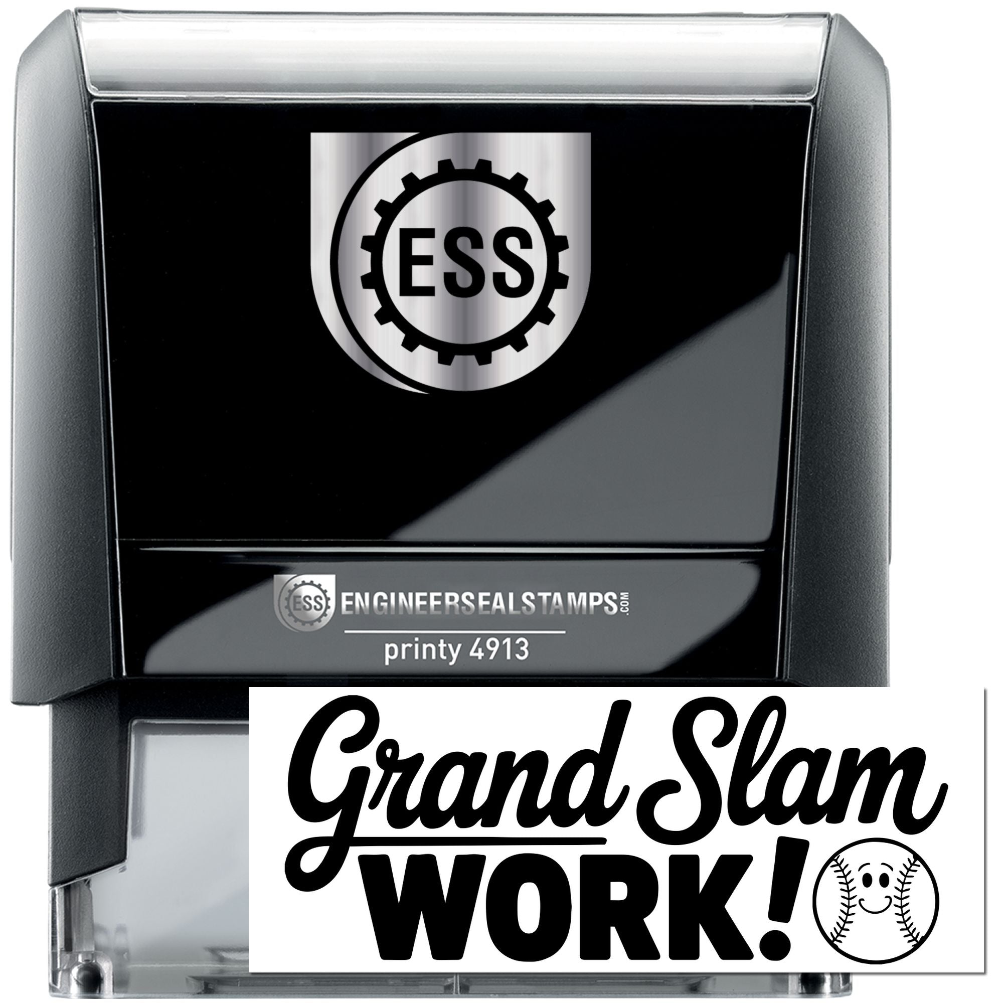 Black self-inking ESS stamp and clear seal with silver accents, featuring bold Grand Slam WORK! imprint