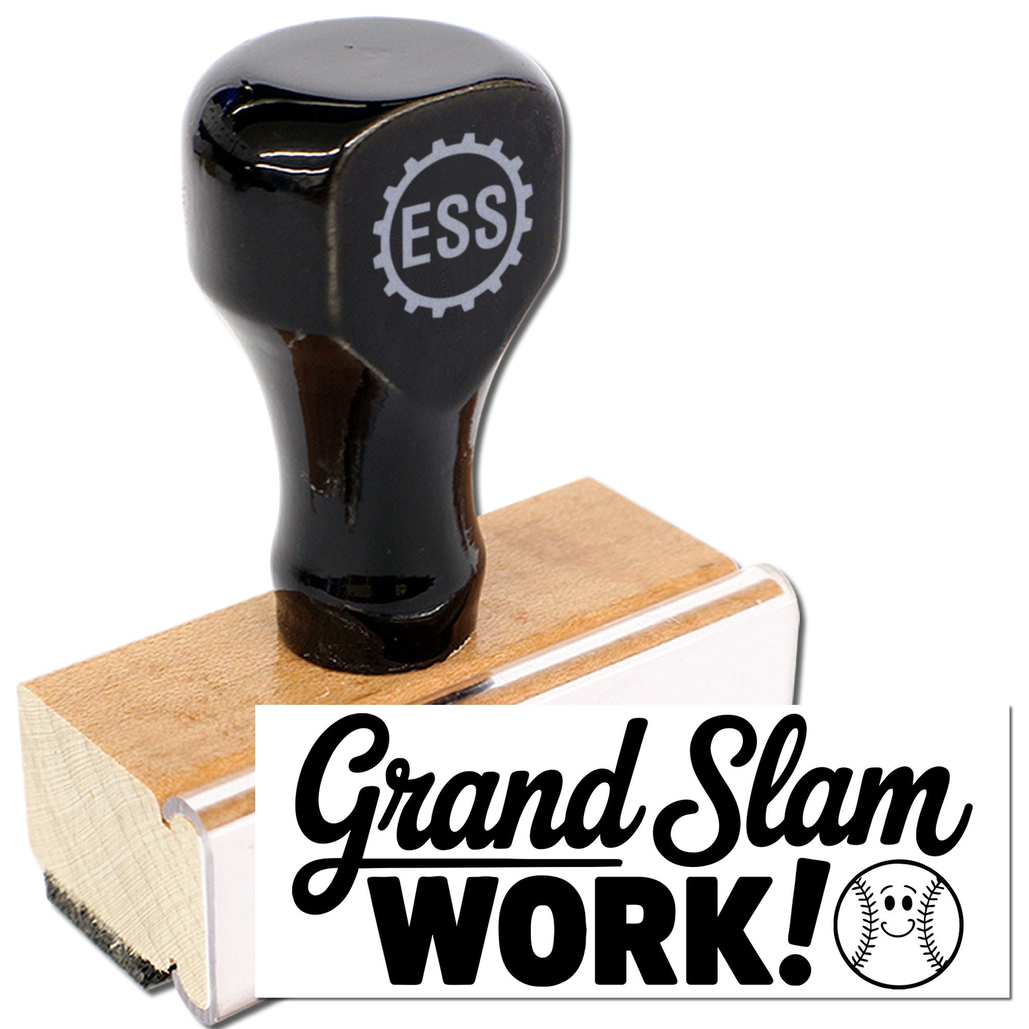 Black wood-mounted baseball stamp with natural wood base, Grand Slam Work! text, and baseball icon.