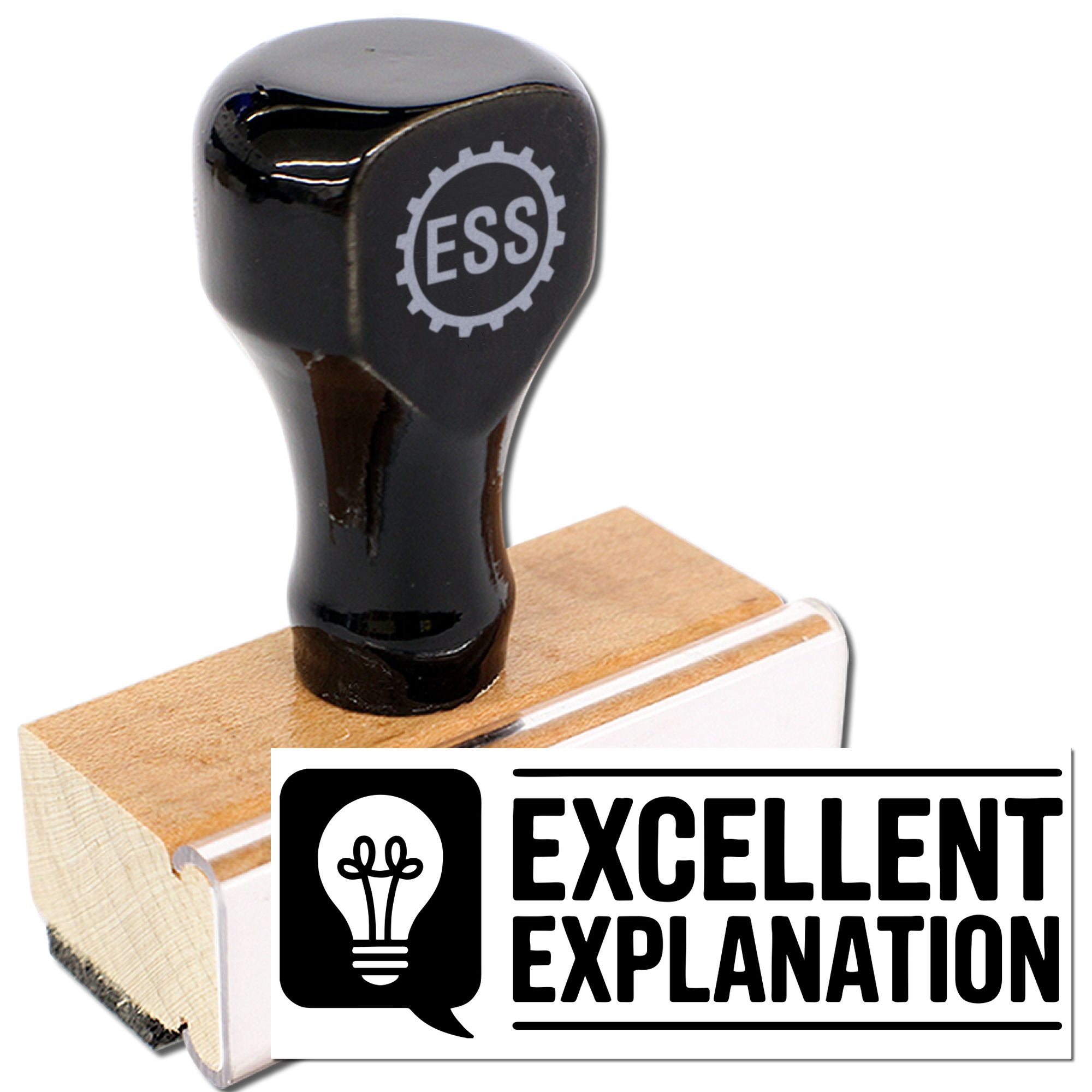 Black rubber stamp with ESS logo on wooden block, paired with white Excellent Explanation seal branding.